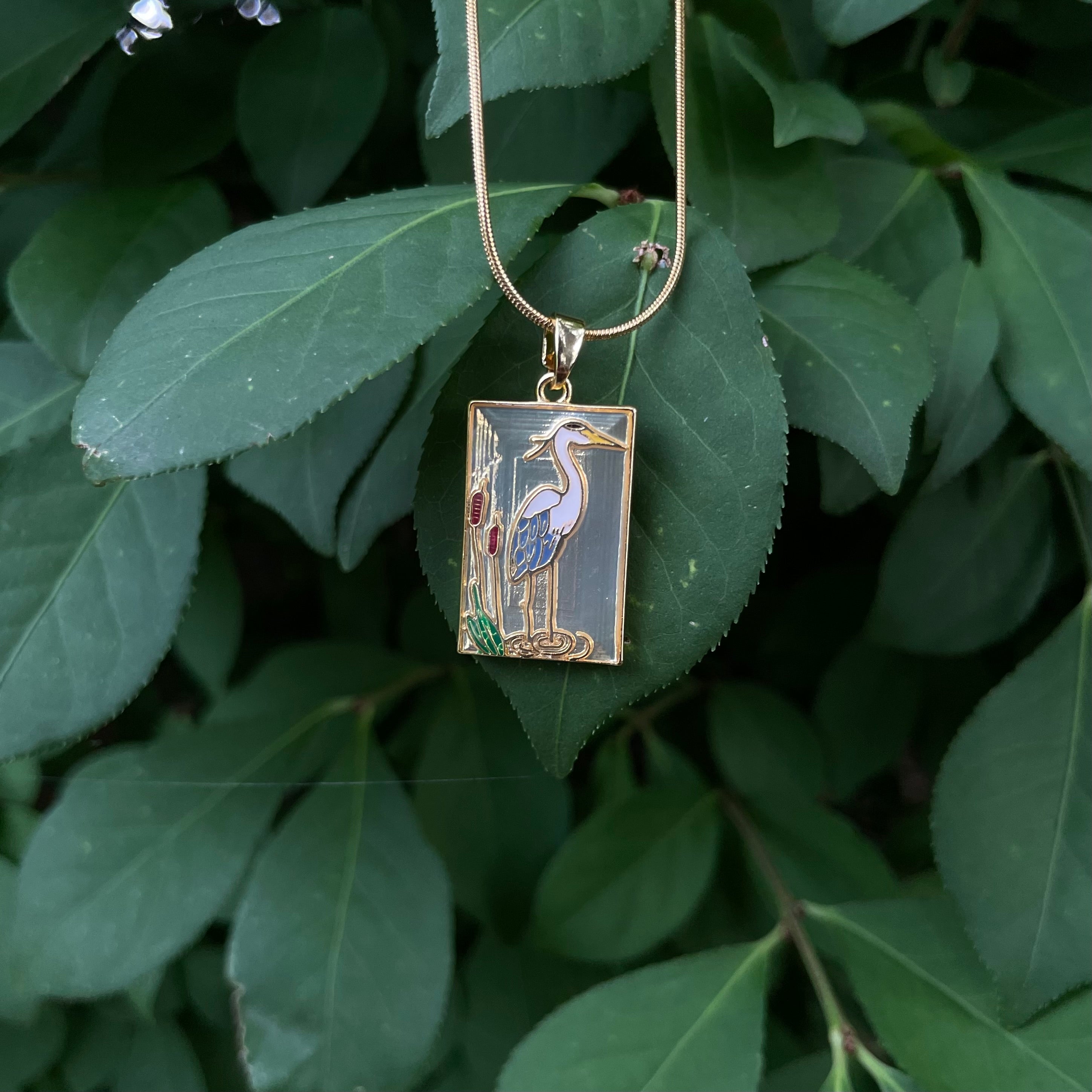 18K Gold Plated Heron Pendant Necklace | Art Deco Bird Necklace on Snake Chain