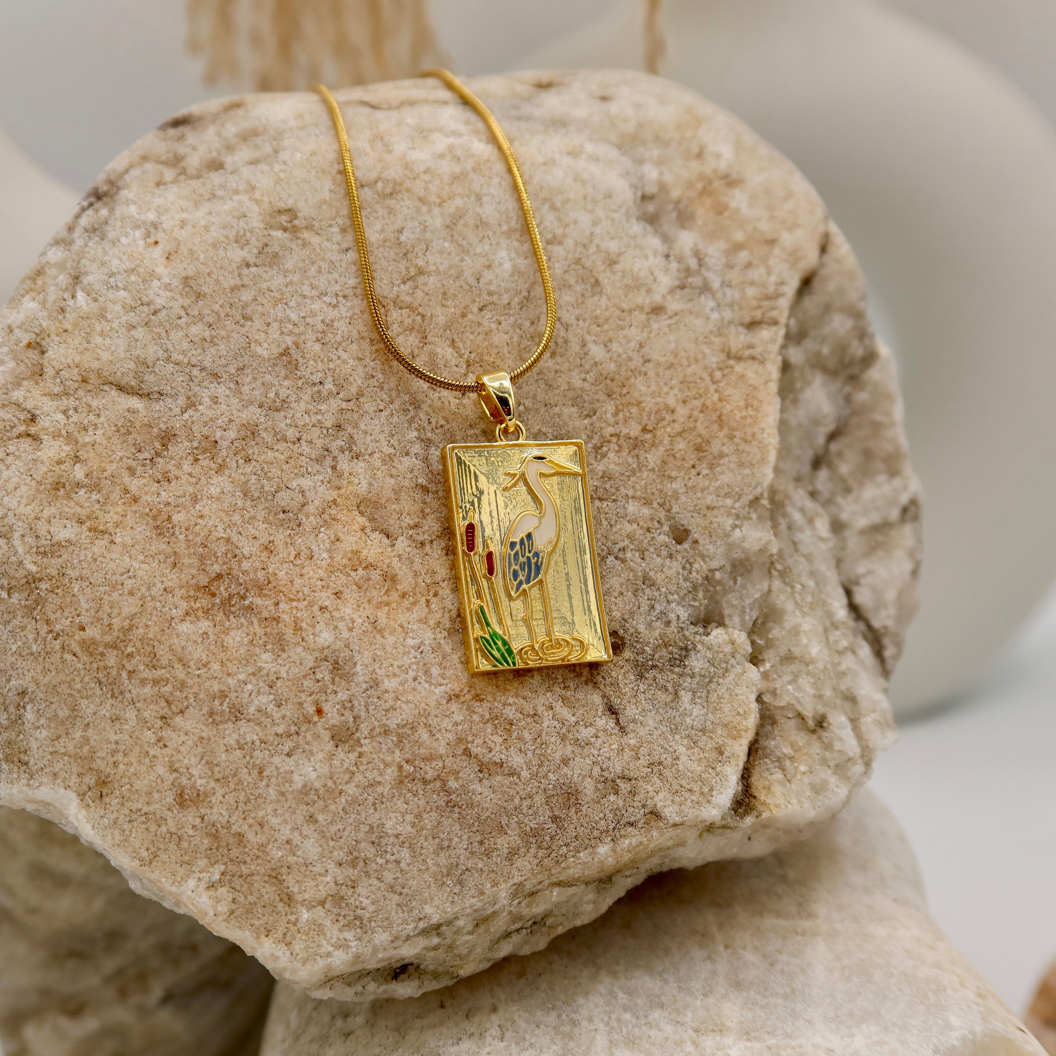 18K Gold Plated Heron Pendant Necklace | Art Deco Bird Necklace on Snake Chain