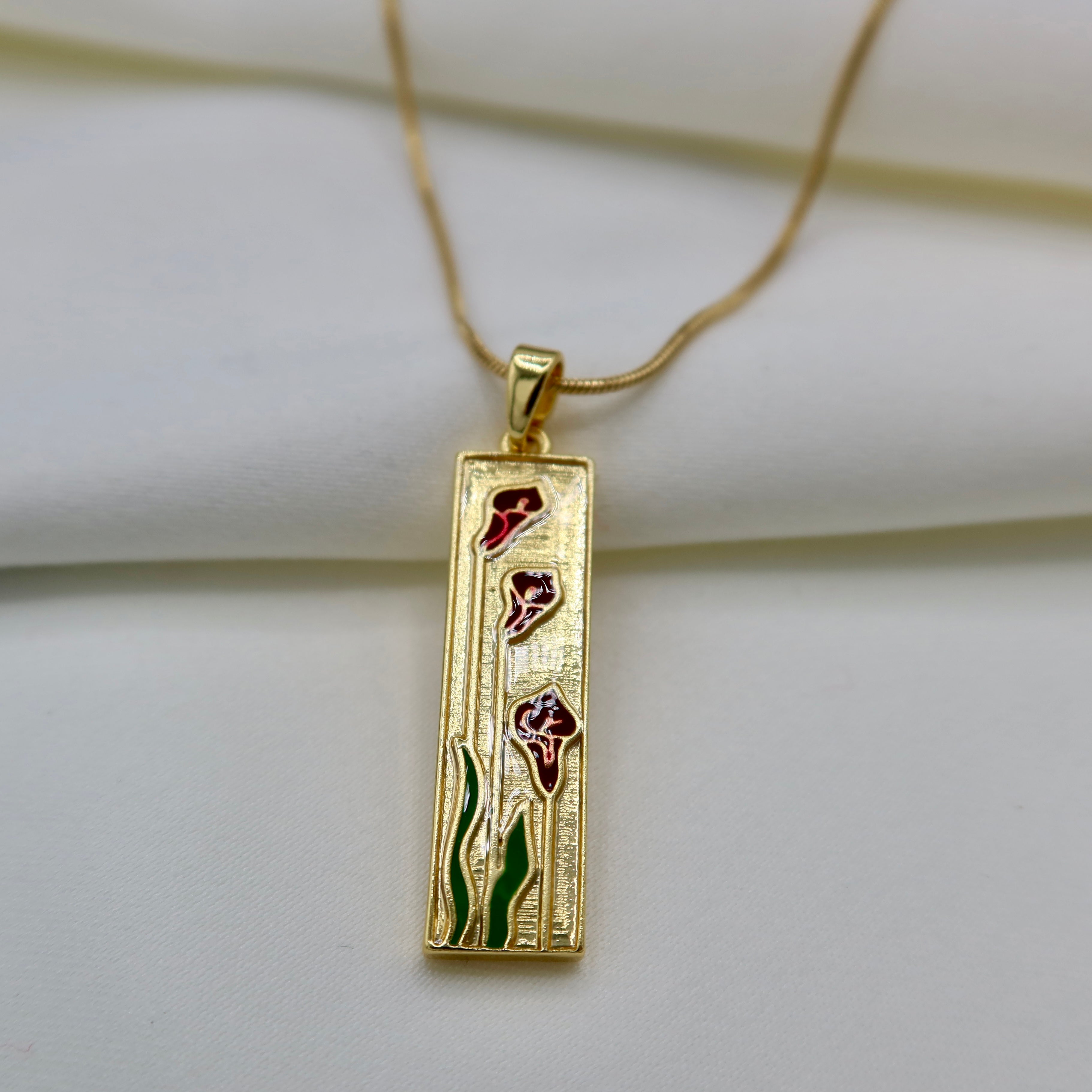 18K Gold Plated Tulip Pendant Necklace – Vertical Floral Necklace on Gold Snake Chain