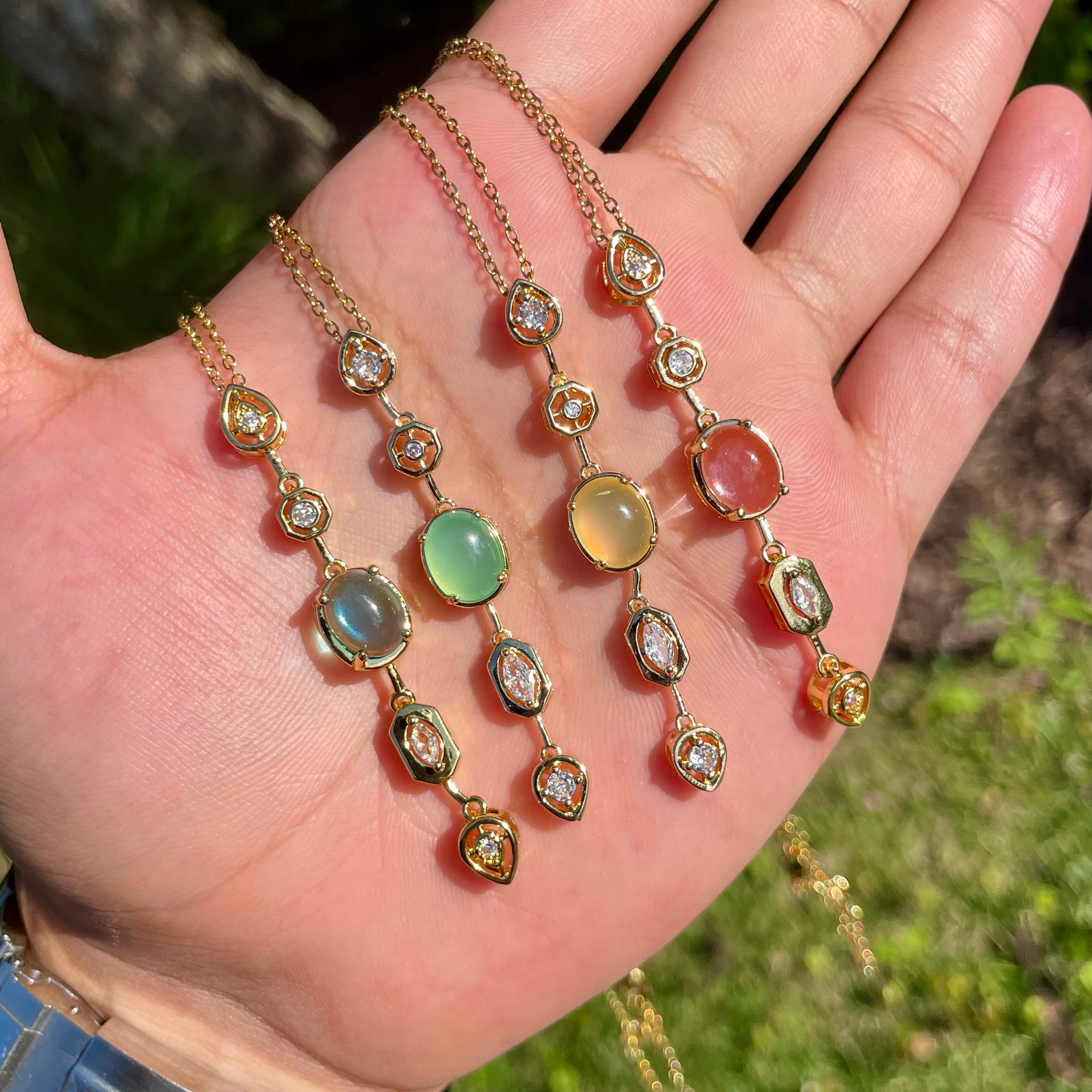 18K Gold Plated Pastel Gemstone Drop Necklaces – Oval Bezel Set Vertical Pendant Collection