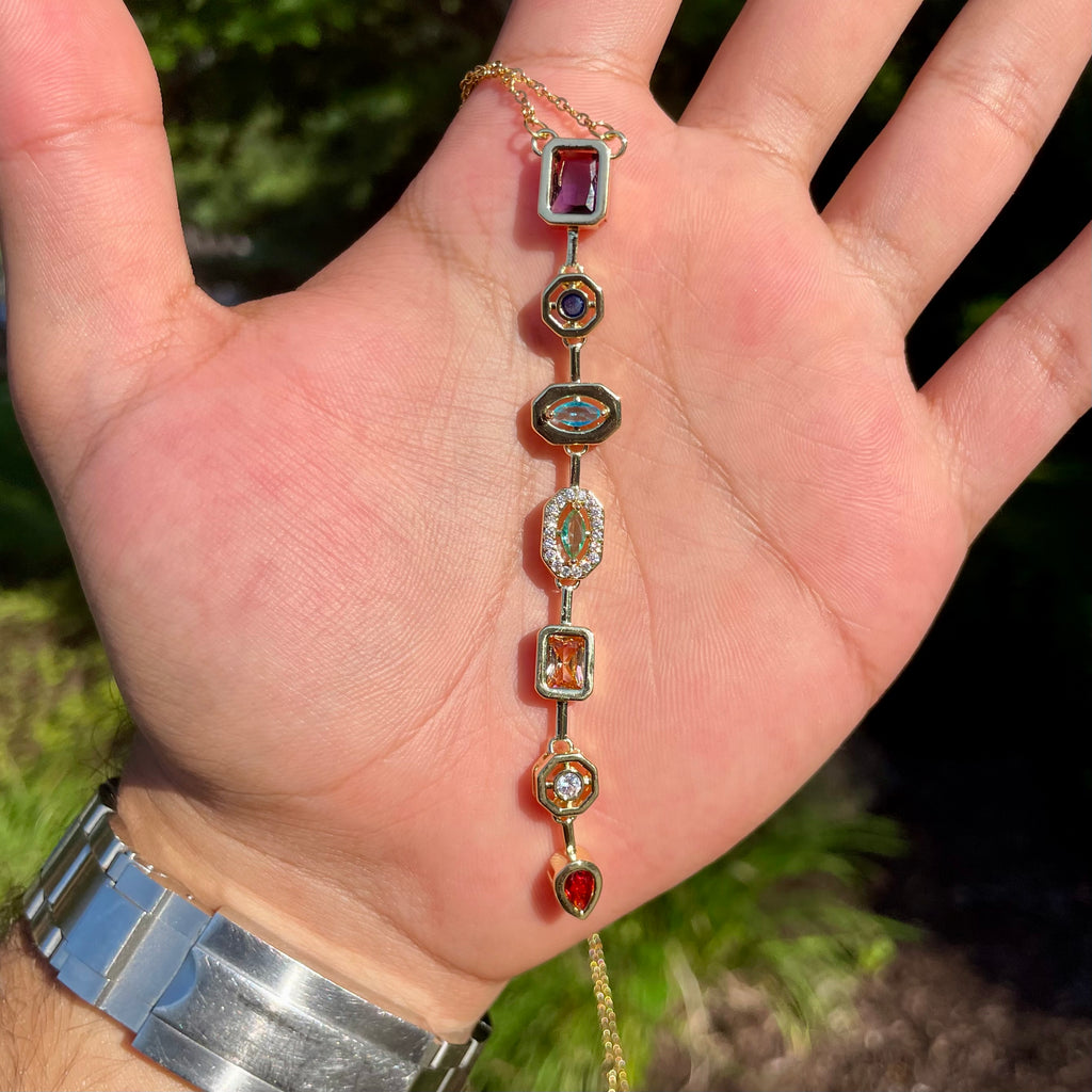 Gold Plated Multi-Gemstone Drop Necklace – Colorful Vertical Pendant with Crystal Accents