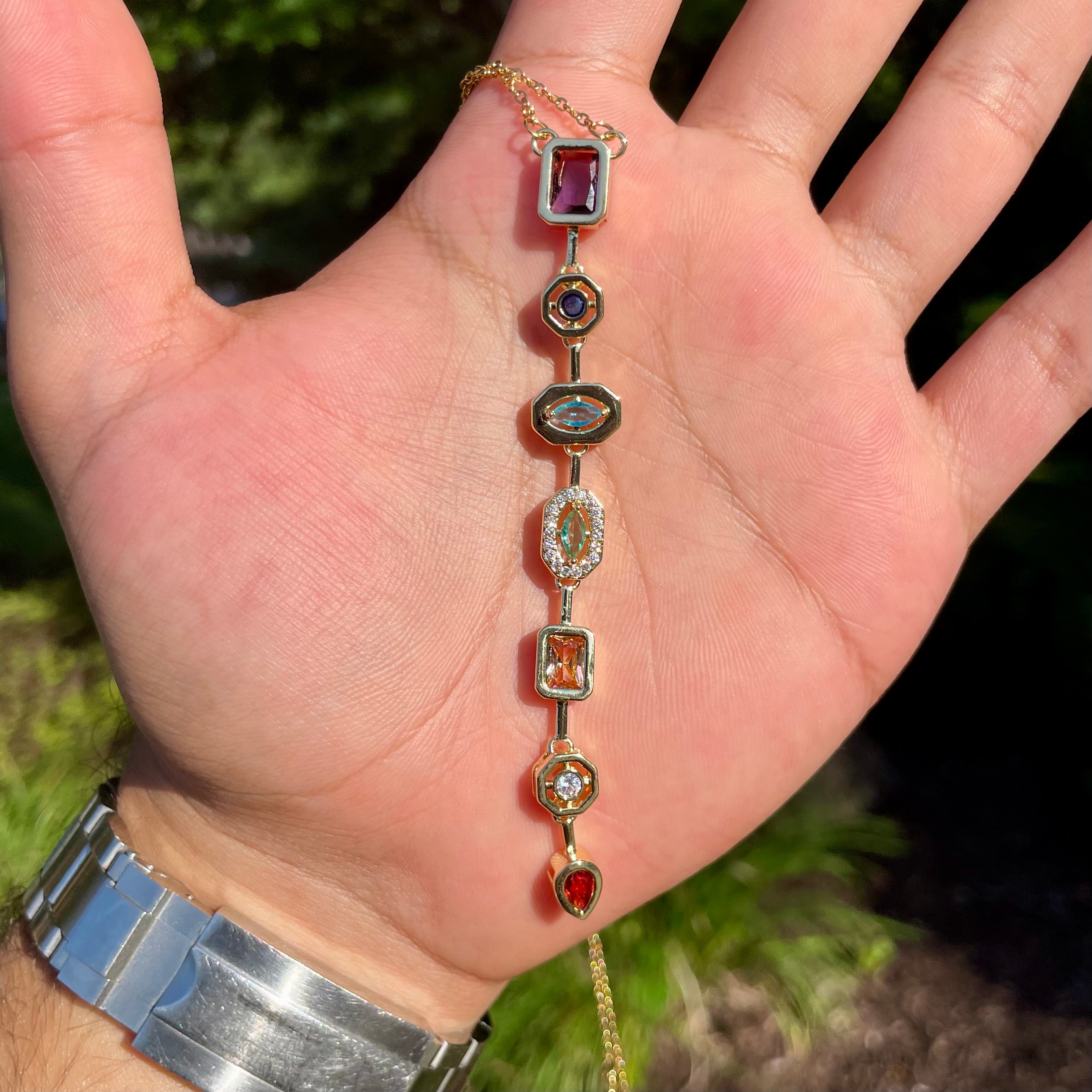 Gold Plated Multi-Gemstone Drop Necklace – Colorful Vertical Pendant with Crystal Accents