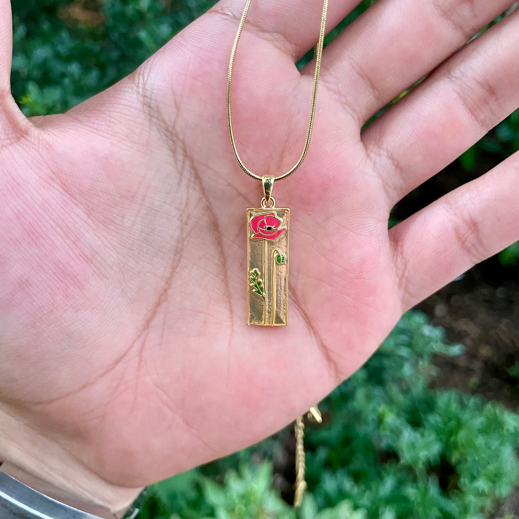 18K Gold Plated Rose Pendant Necklace | Rectangle Floral Necklace on Snake Chain