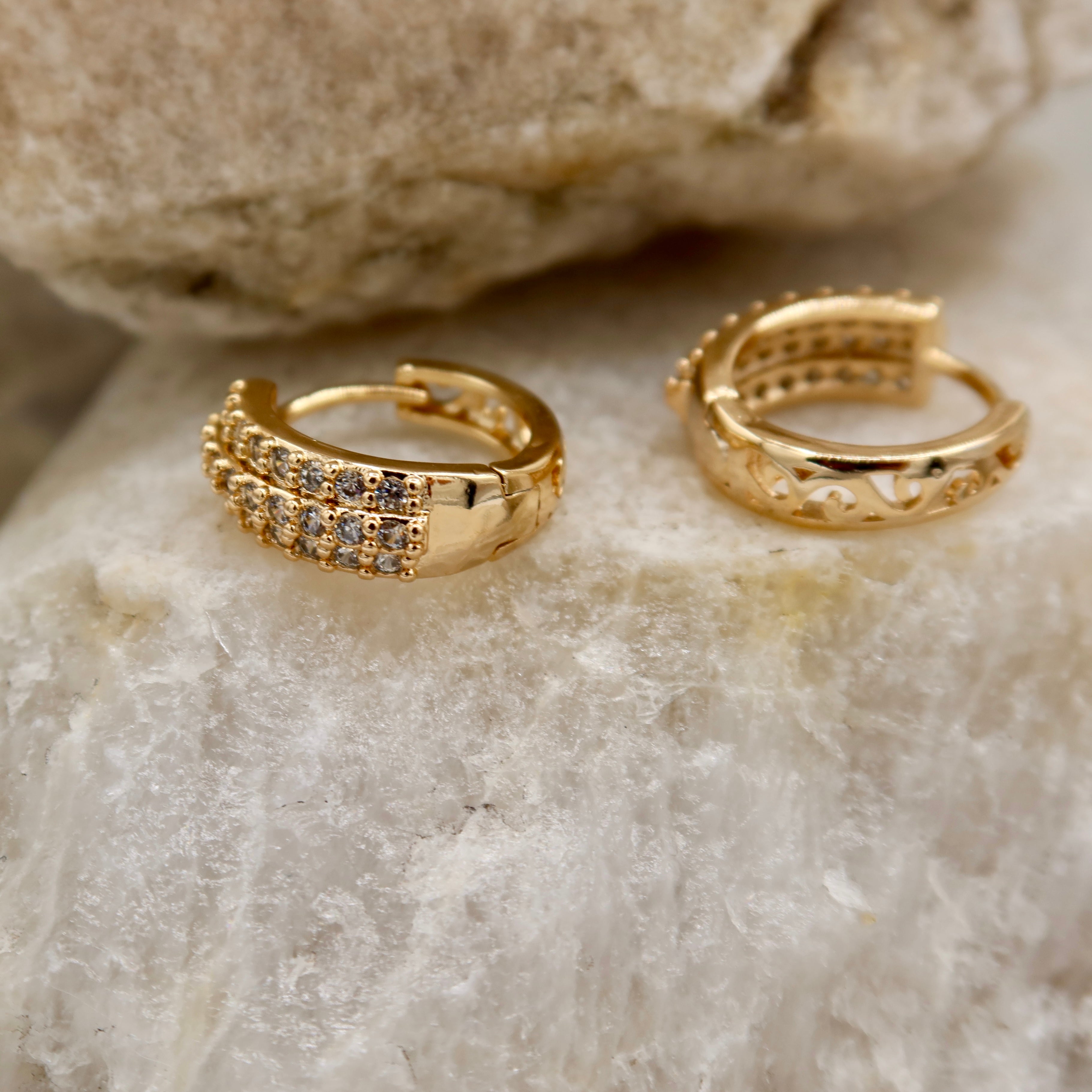 Triple Row Crystal Huggie Earrings | Rose Gold Textured Hoop Design