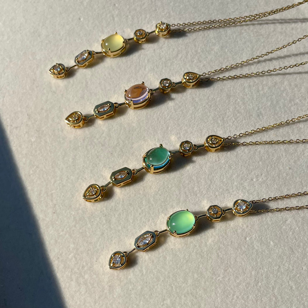 18K Gold Plated Pastel Gemstone Drop Necklaces – Oval Bezel Set Vertical Pendant Collection