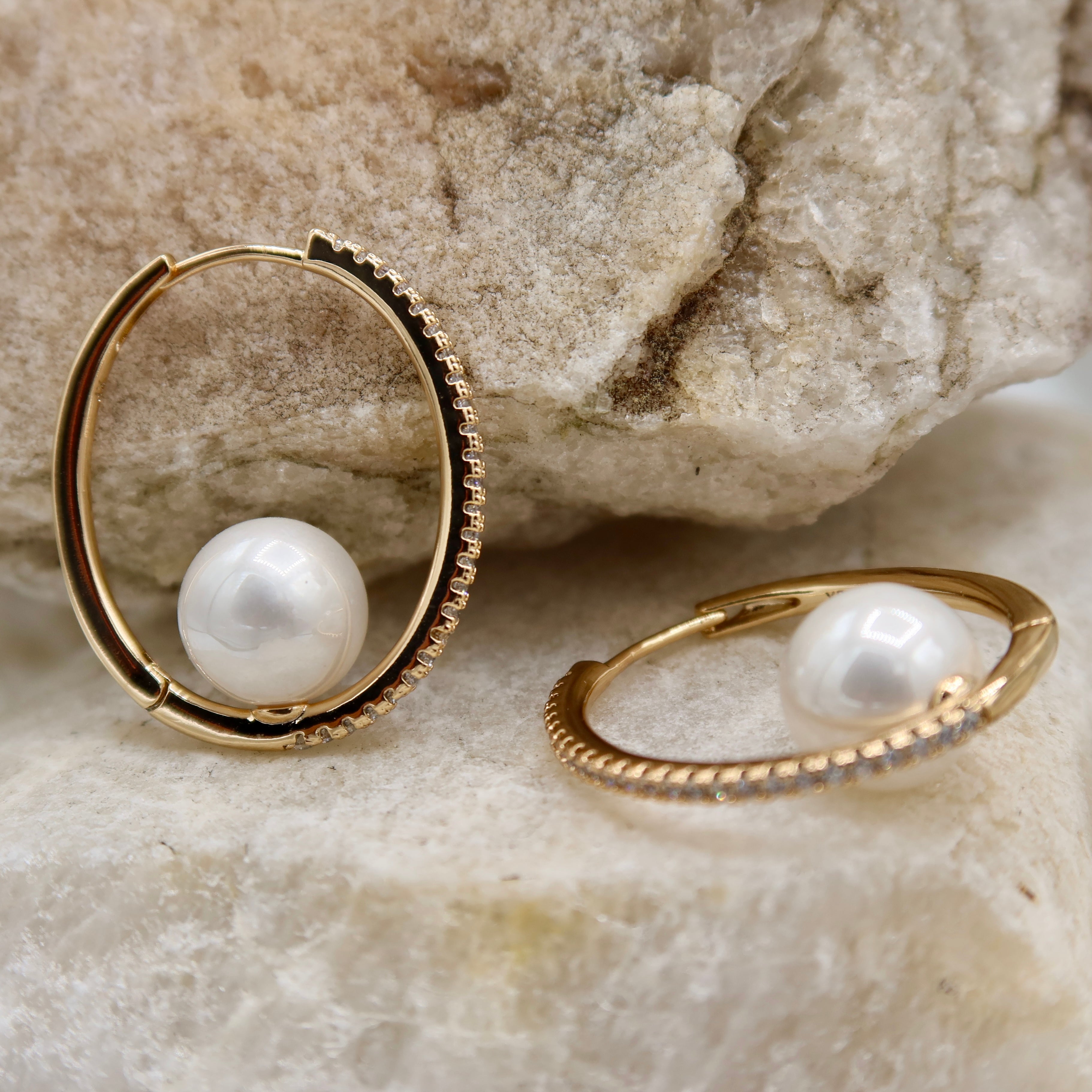 Rose Gold Pearl Hoop Earrings | Pavé Crystal Open Circle Design