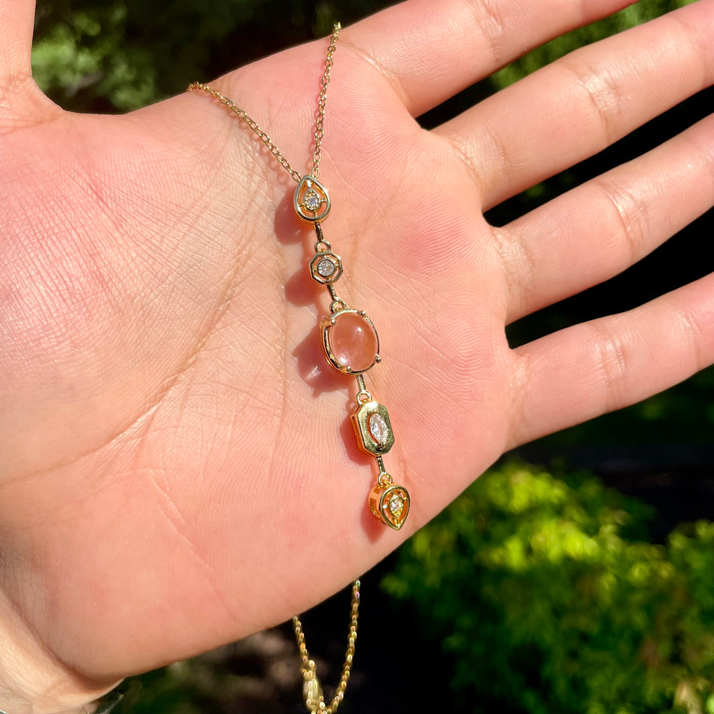 18K Gold Plated Pastel Gemstone Drop Necklaces – Oval Bezel Set Vertical Pendant Collection