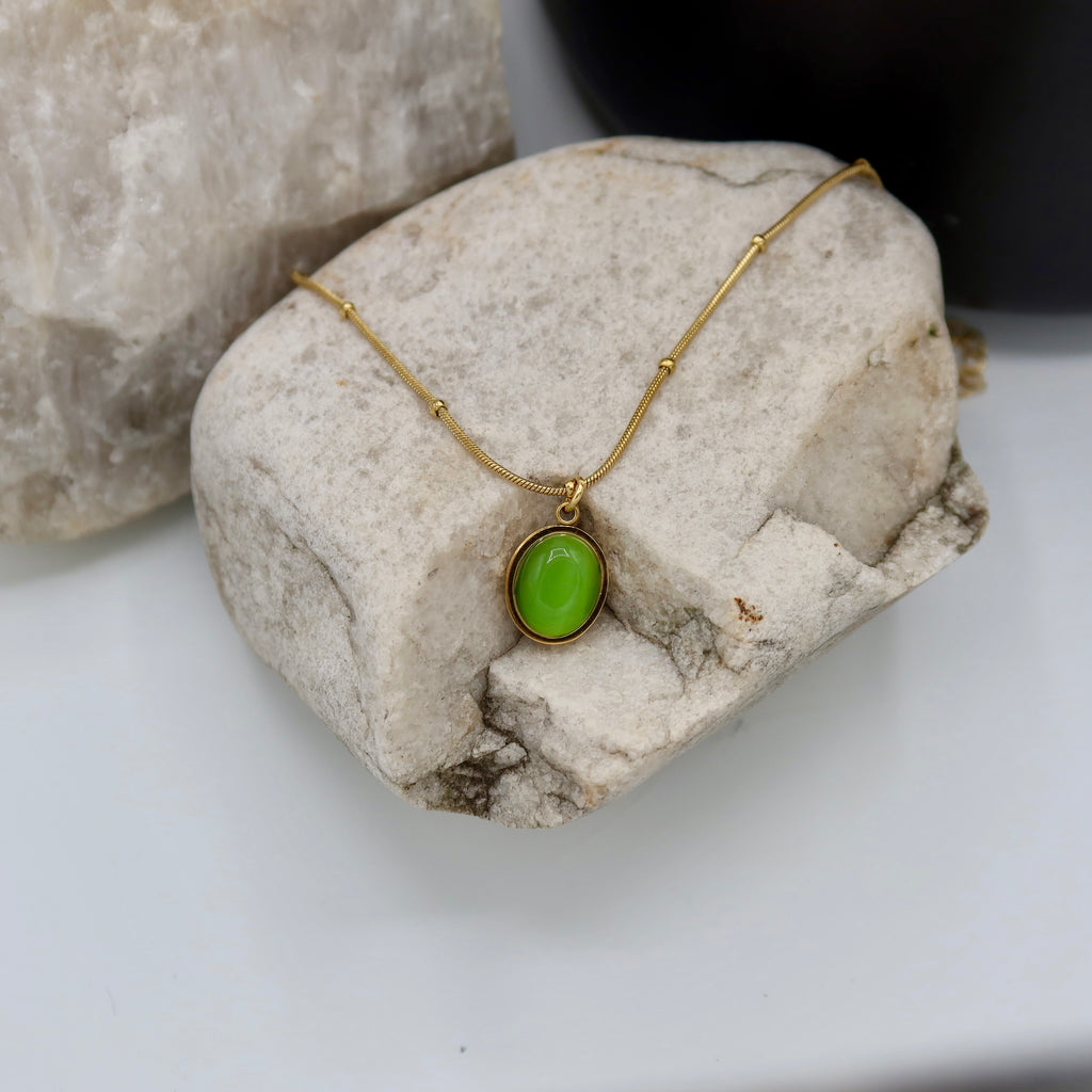 18K Gold Plated Oval Cat’s Eye Stone Necklaces – Beaded Snake Chain in Green, Blush & Cream