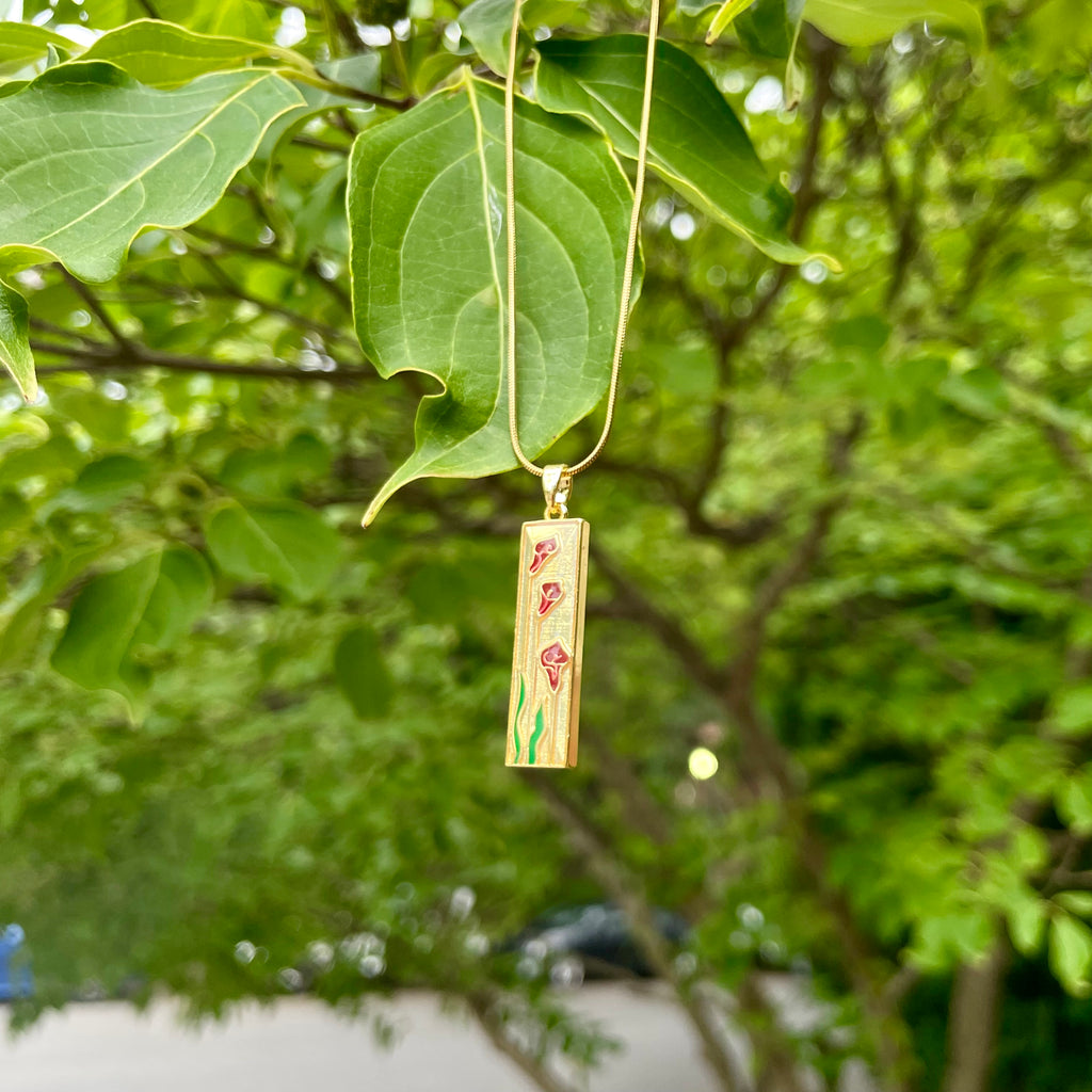 18K Gold Plated Tulip Pendant Necklace – Vertical Floral Necklace on Gold Snake Chain