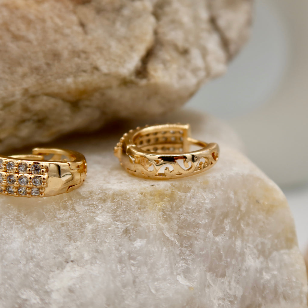 Triple Row Crystal Huggie Earrings | Rose Gold Textured Hoop Design