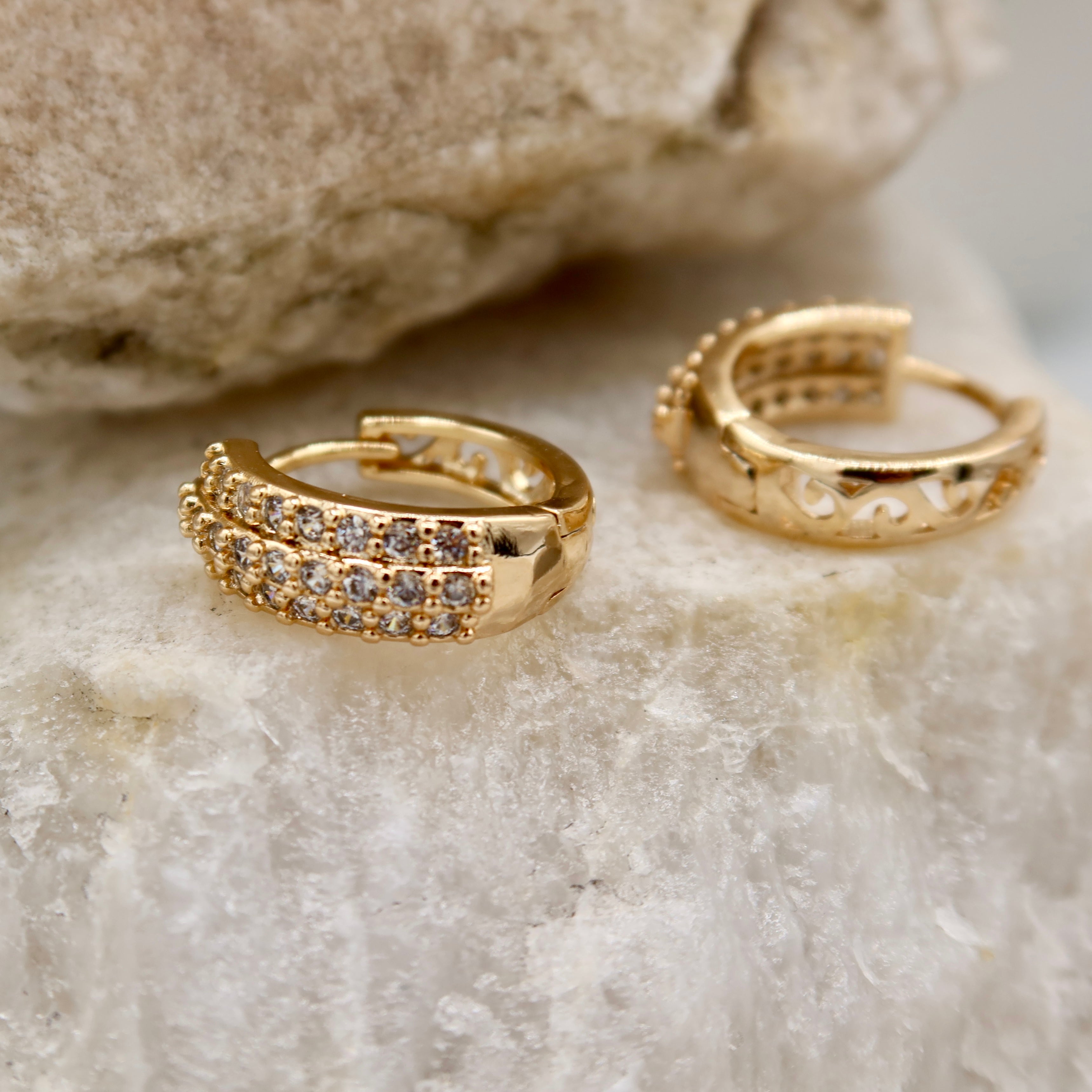 Triple Row Crystal Huggie Earrings | Rose Gold Textured Hoop Design