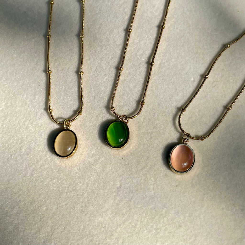 18K Gold Plated Oval Cat’s Eye Stone Necklaces – Beaded Snake Chain in Green, Blush & Cream