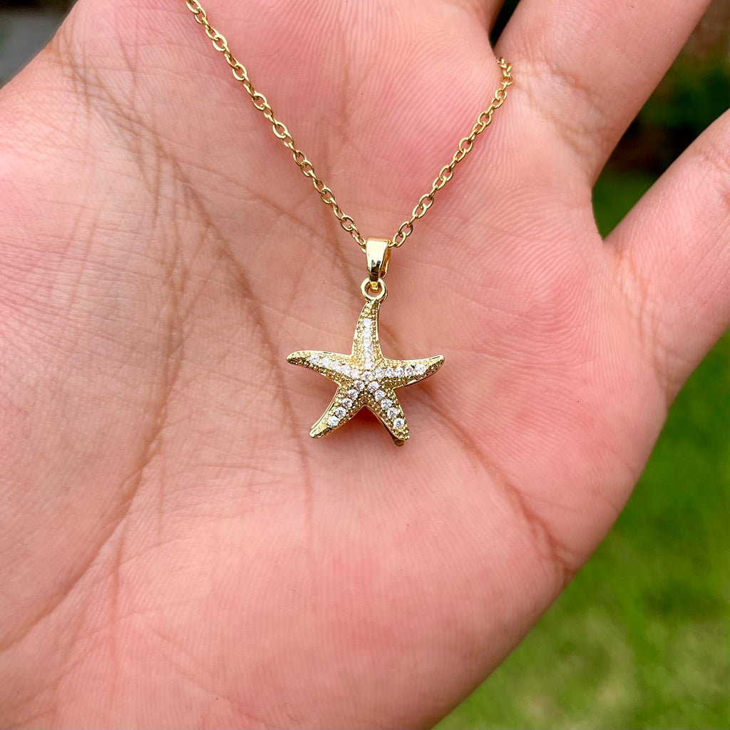 18K Gold Plated Starfish Locket Necklace – Dual Star Charm with Pearl & Crystals