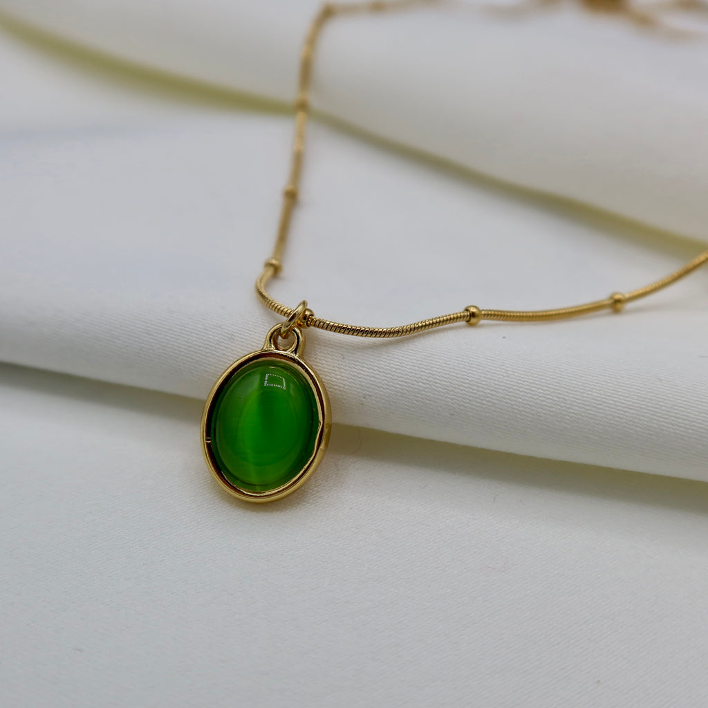 18K Gold Plated Oval Cat’s Eye Stone Necklaces – Beaded Snake Chain in Green, Blush & Cream