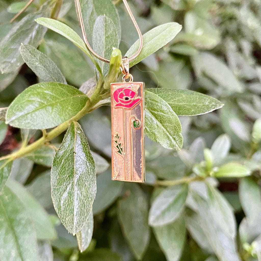 18K Gold Plated Rose Pendant Necklace | Rectangle Floral Necklace on Snake Chain