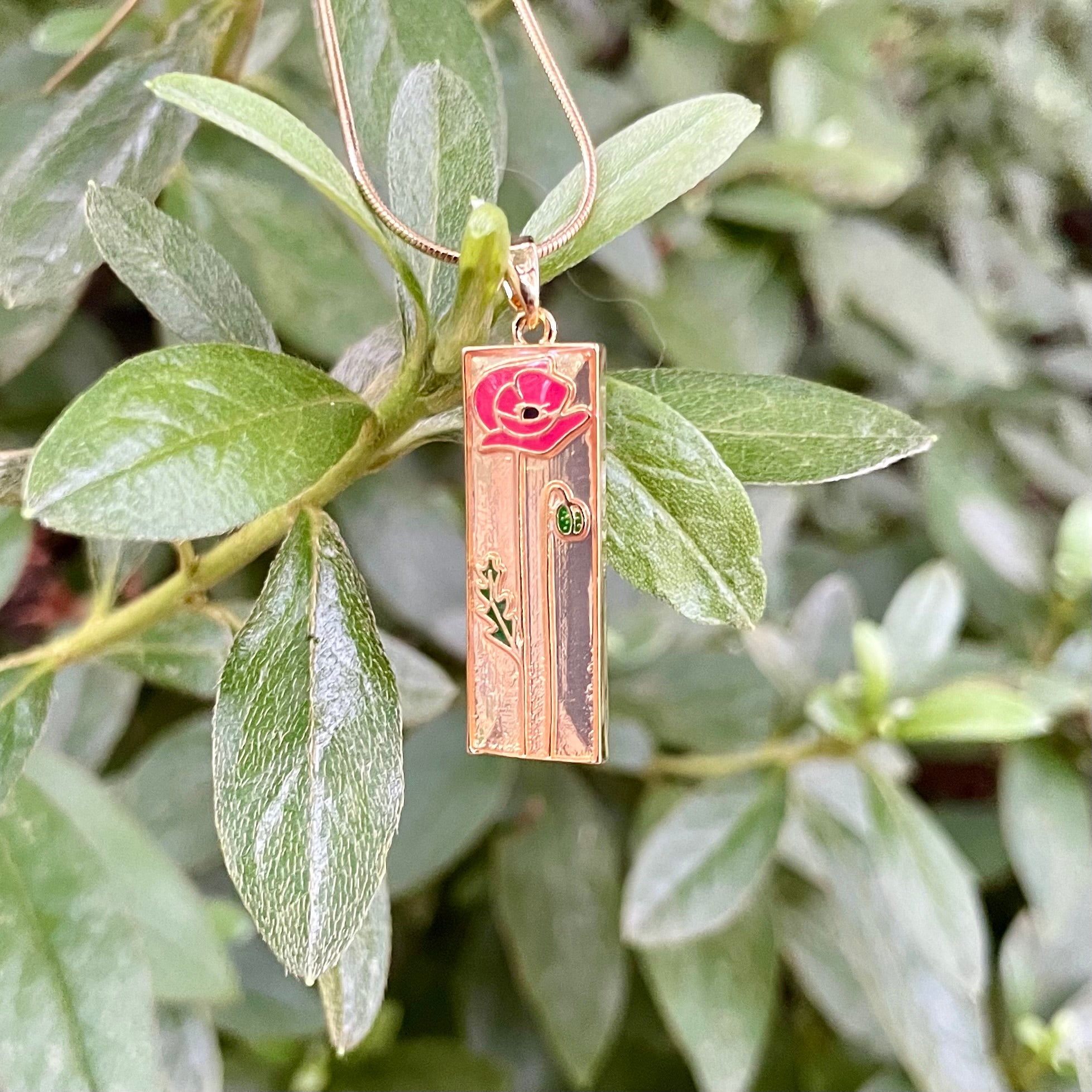 18K Gold Plated Rose Pendant Necklace | Rectangle Floral Necklace on Snake Chain
