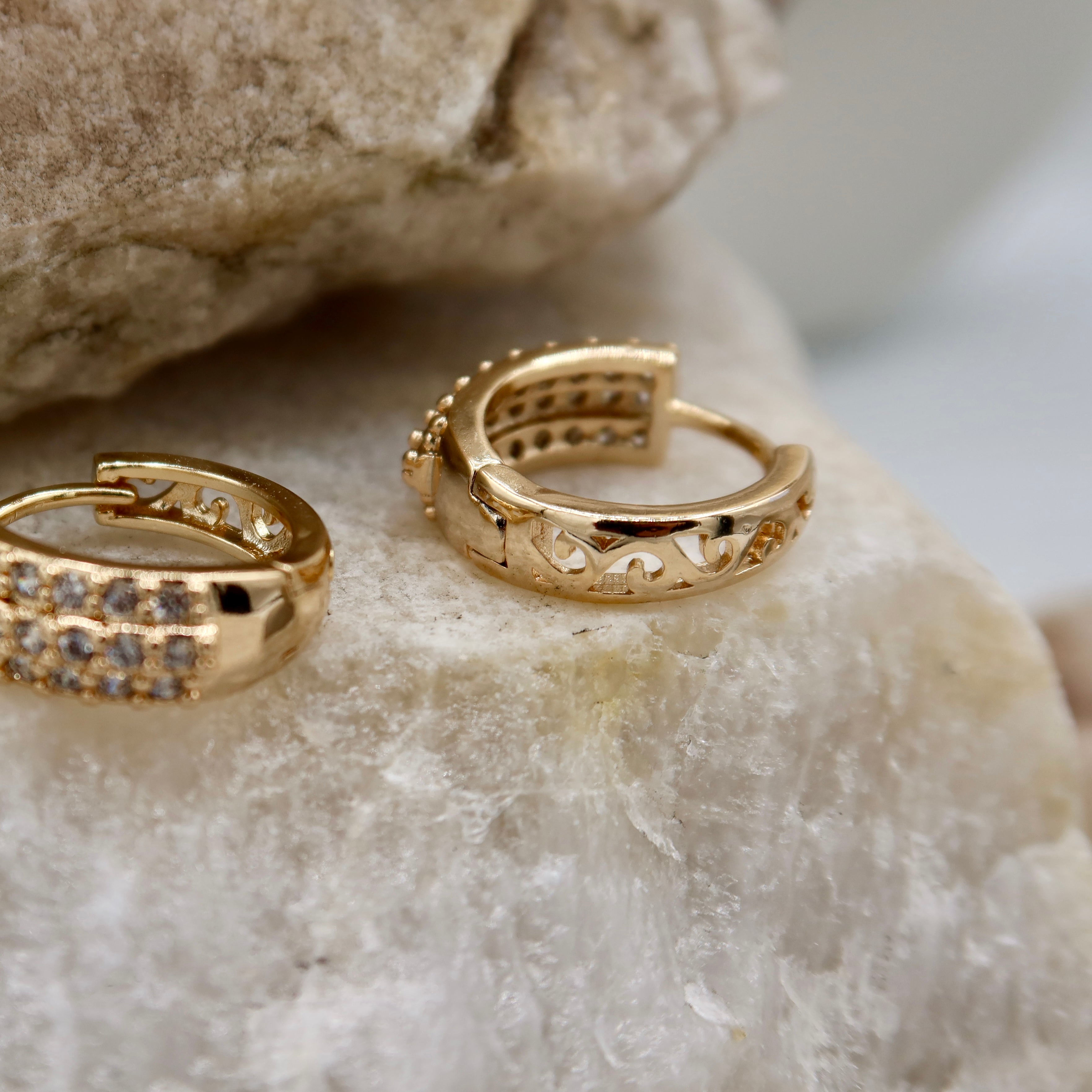 Triple Row Crystal Huggie Earrings | Rose Gold Textured Hoop Design