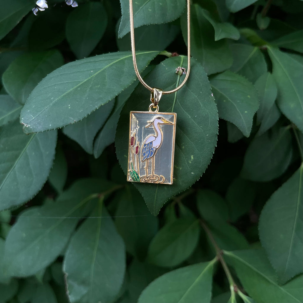 18K Gold Plated Heron Pendant Necklace | Art Deco Bird Necklace on Snake Chain