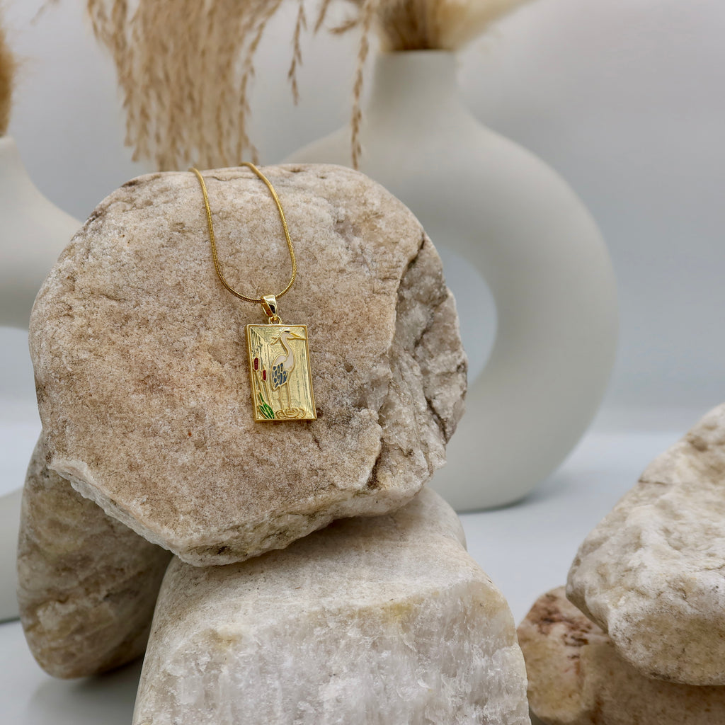 18K Gold Plated Heron Pendant Necklace | Art Deco Bird Necklace on Snake Chain