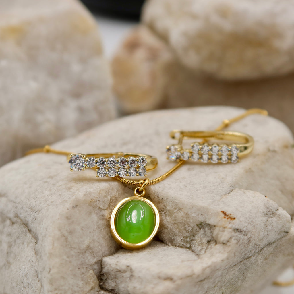 18K Gold Plated Oval Cat’s Eye Stone Necklaces – Beaded Snake Chain in Green, Blush & Cream