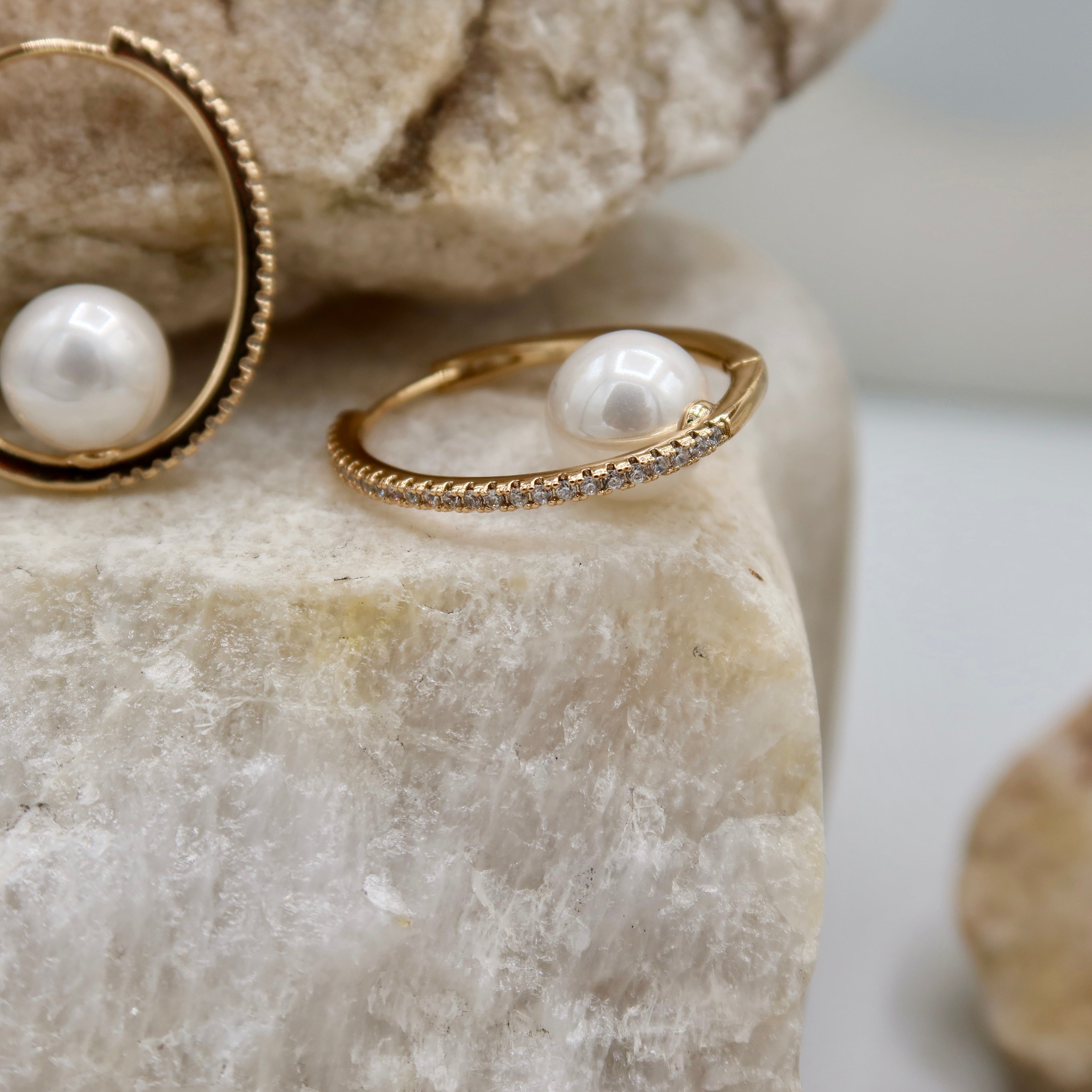 Rose Gold Pearl Hoop Earrings | Pavé Crystal Open Circle Design