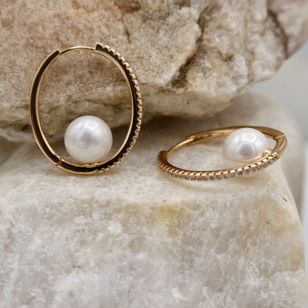 Rose Gold Pearl Hoop Earrings | Pavé Crystal Open Circle Design