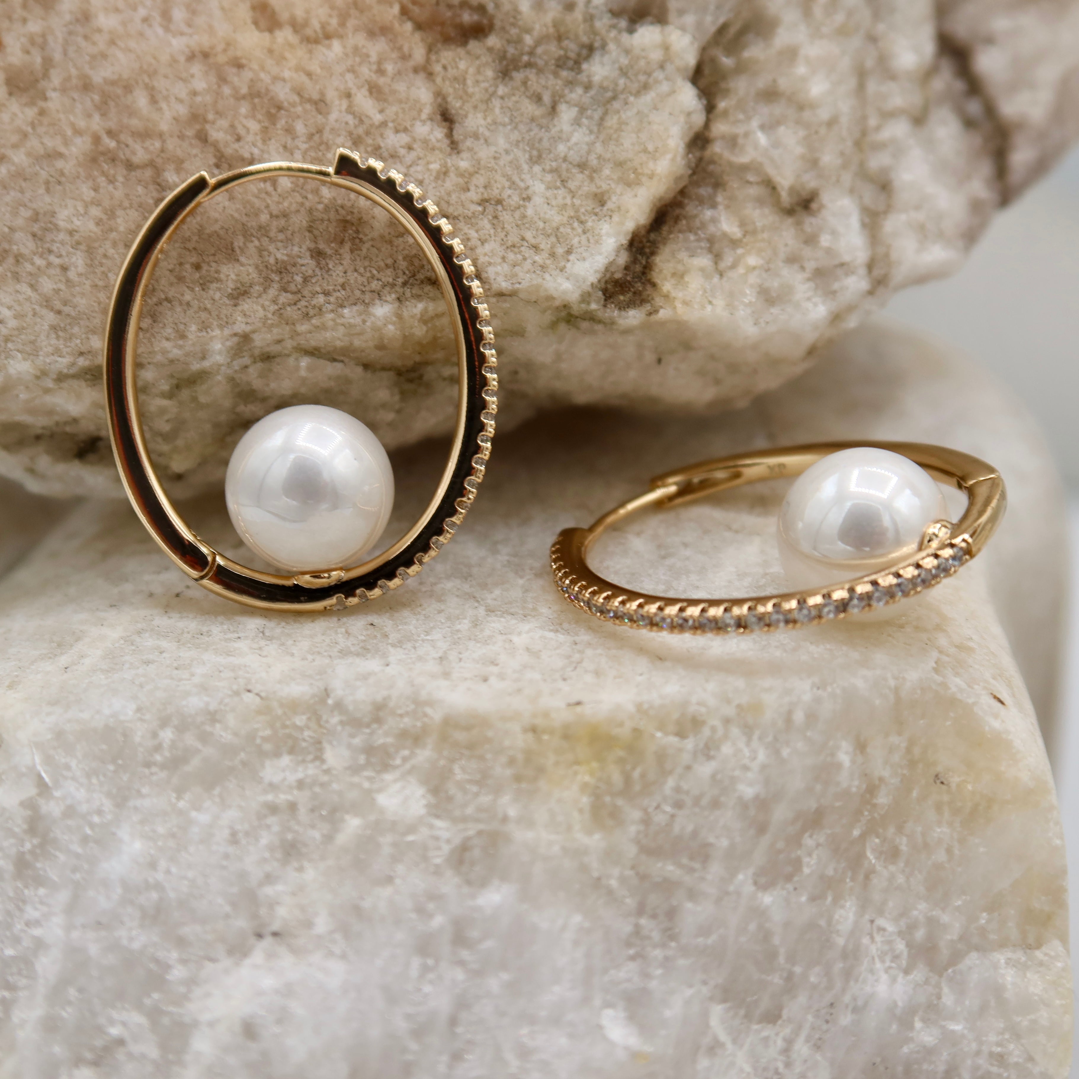 Rose Gold Pearl Hoop Earrings | Pavé Crystal Open Circle Design