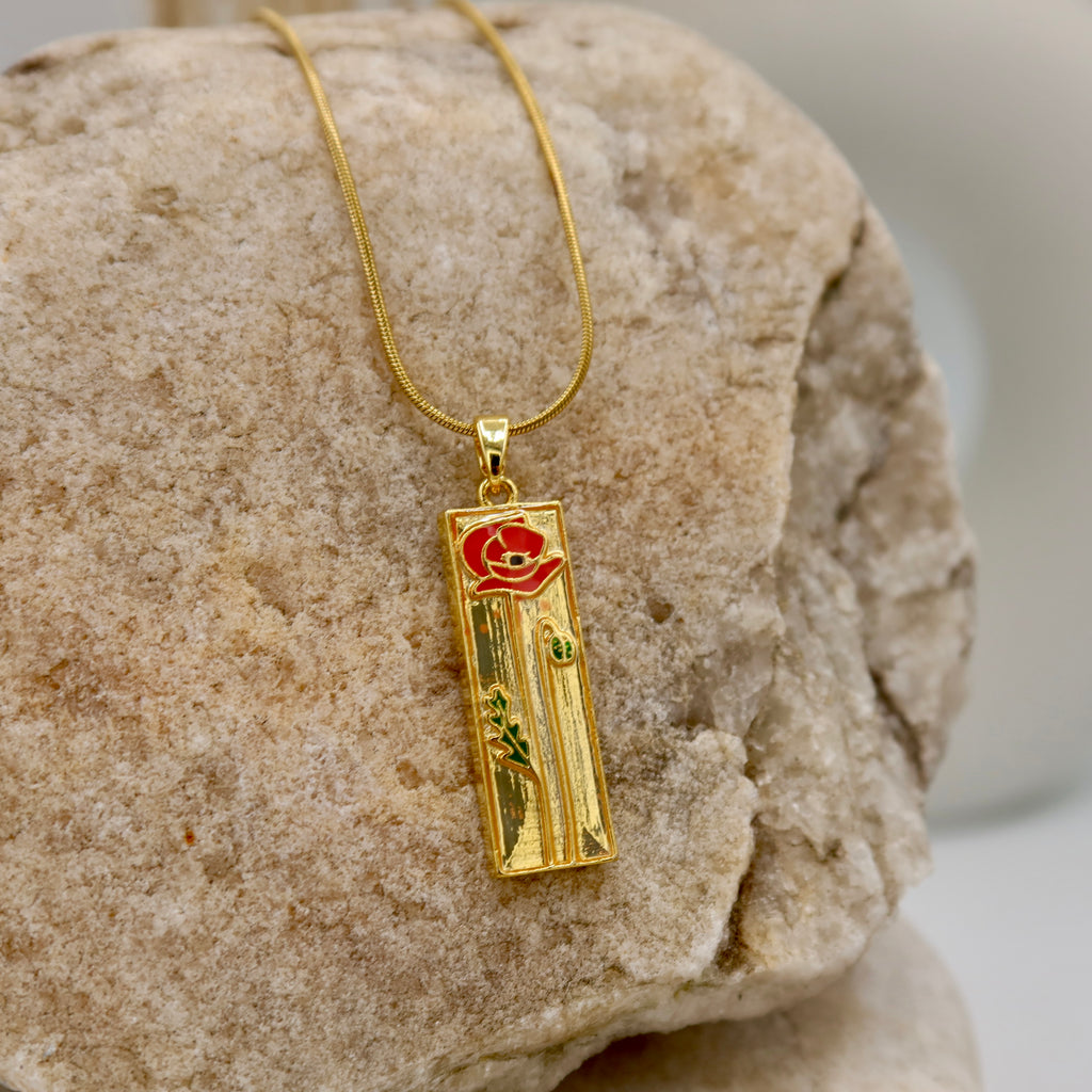 18K Gold Plated Rose Pendant Necklace | Rectangle Floral Necklace on Snake Chain