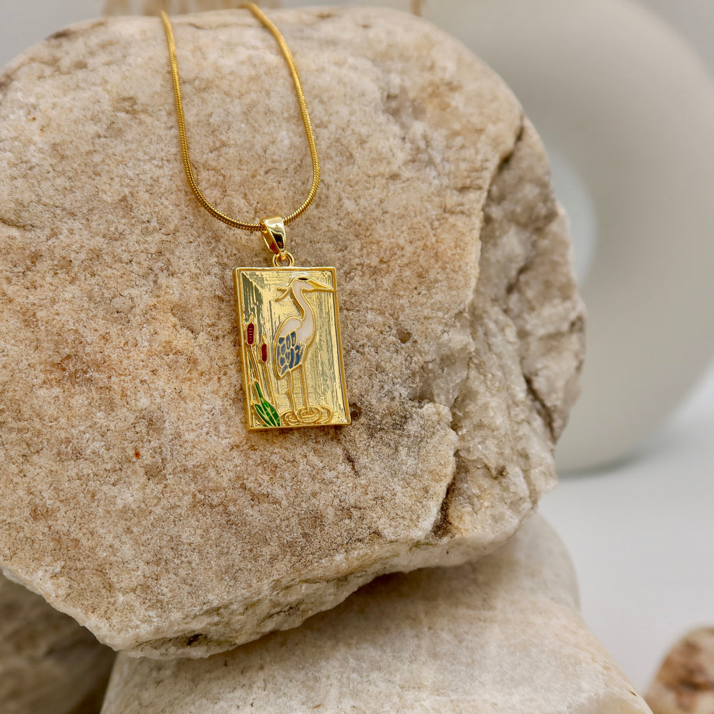 18K Gold Plated Heron Pendant Necklace | Art Deco Bird Necklace on Snake Chain