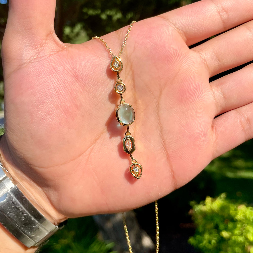 18K Gold Plated Pastel Gemstone Drop Necklaces – Oval Bezel Set Vertical Pendant Collection