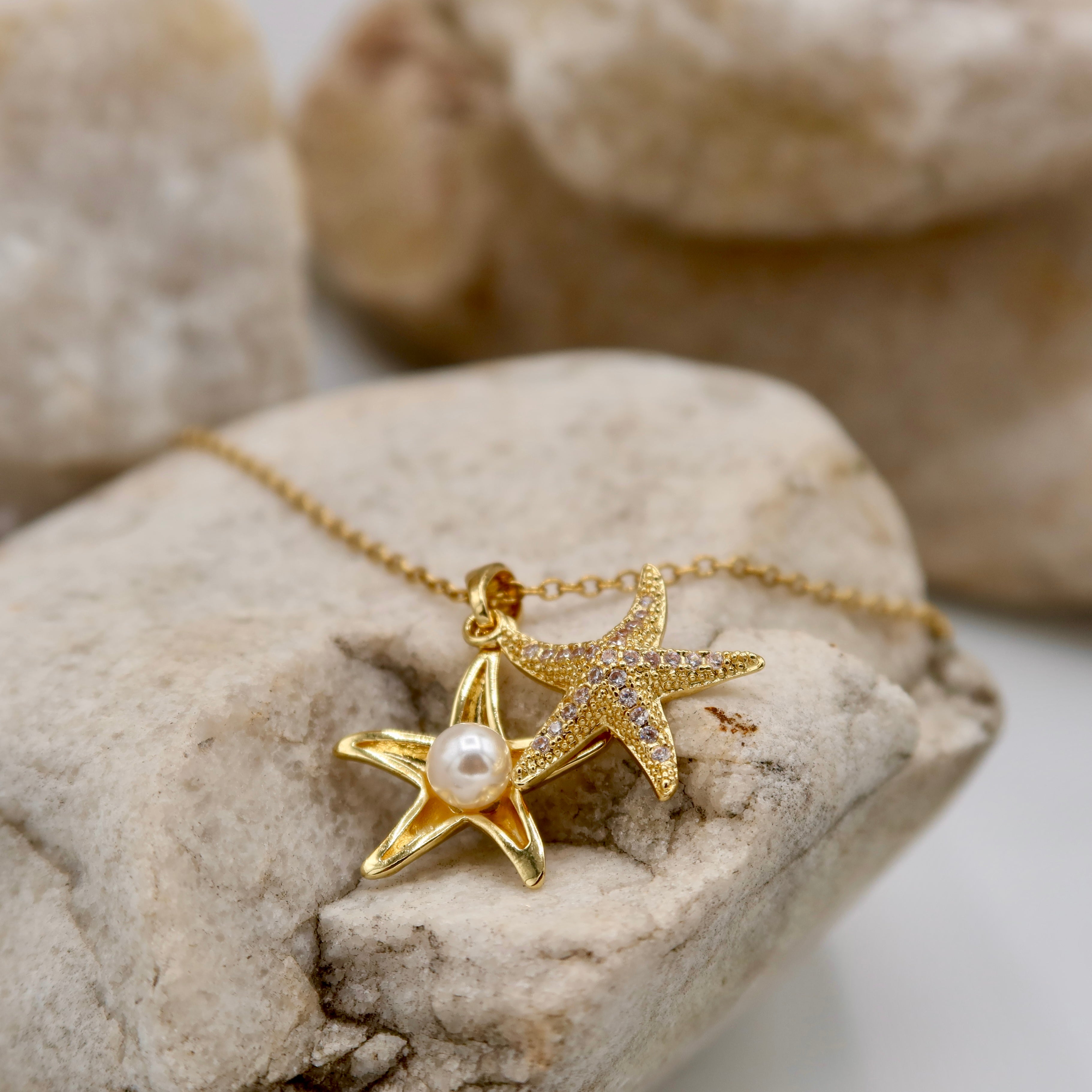18K Gold Plated Starfish Locket Necklace – Dual Star Charm with Pearl & Crystals