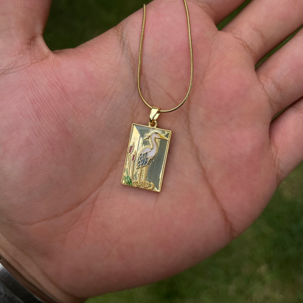 18K Gold Plated Heron Pendant Necklace | Art Deco Bird Necklace on Snake Chain