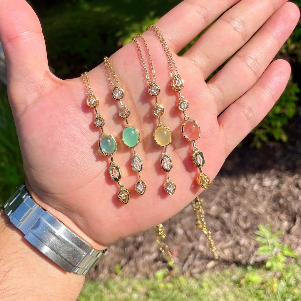 18K Gold Plated Pastel Gemstone Drop Necklaces – Oval Bezel Set Vertical Pendant Collection