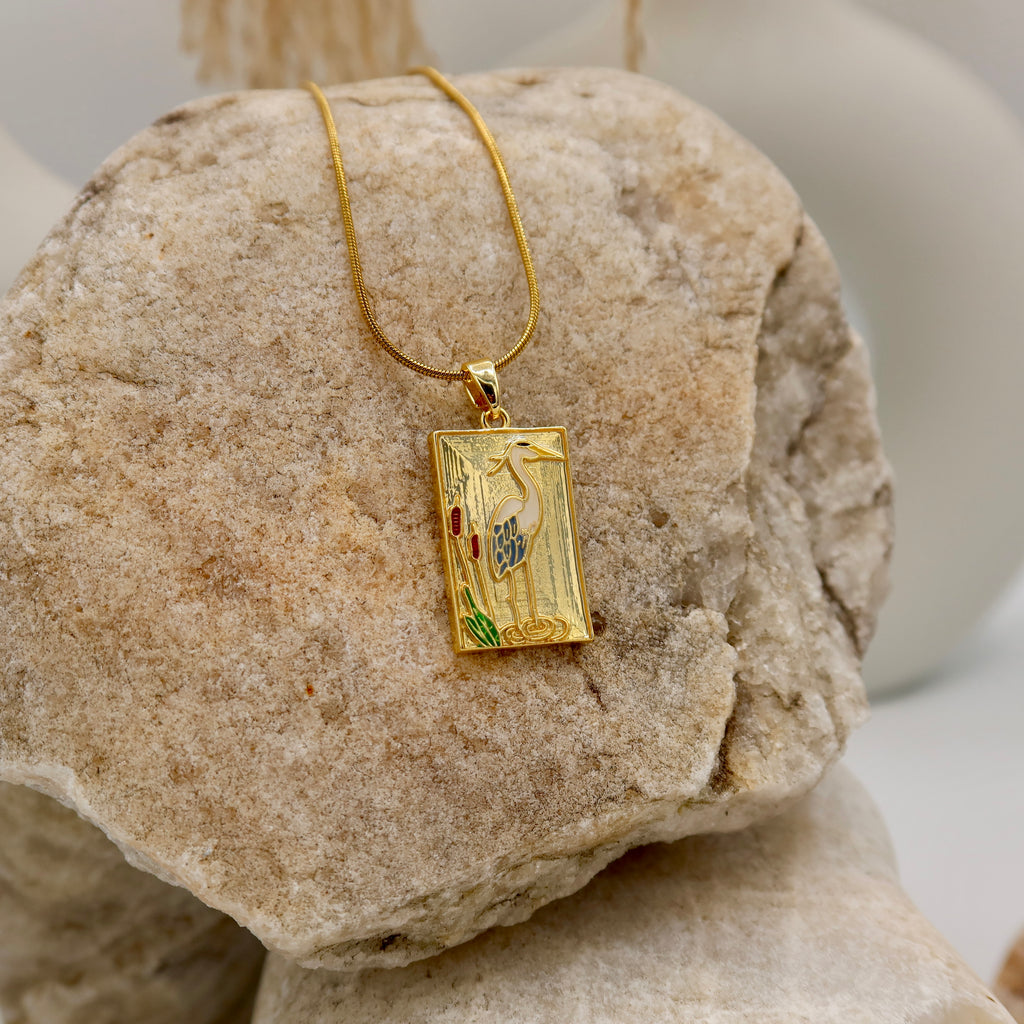 18K Gold Plated Heron Pendant Necklace | Art Deco Bird Necklace on Snake Chain