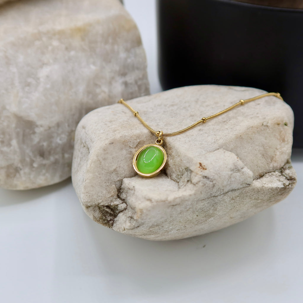 18K Gold Plated Oval Cat’s Eye Stone Necklaces – Beaded Snake Chain in Green, Blush & Cream