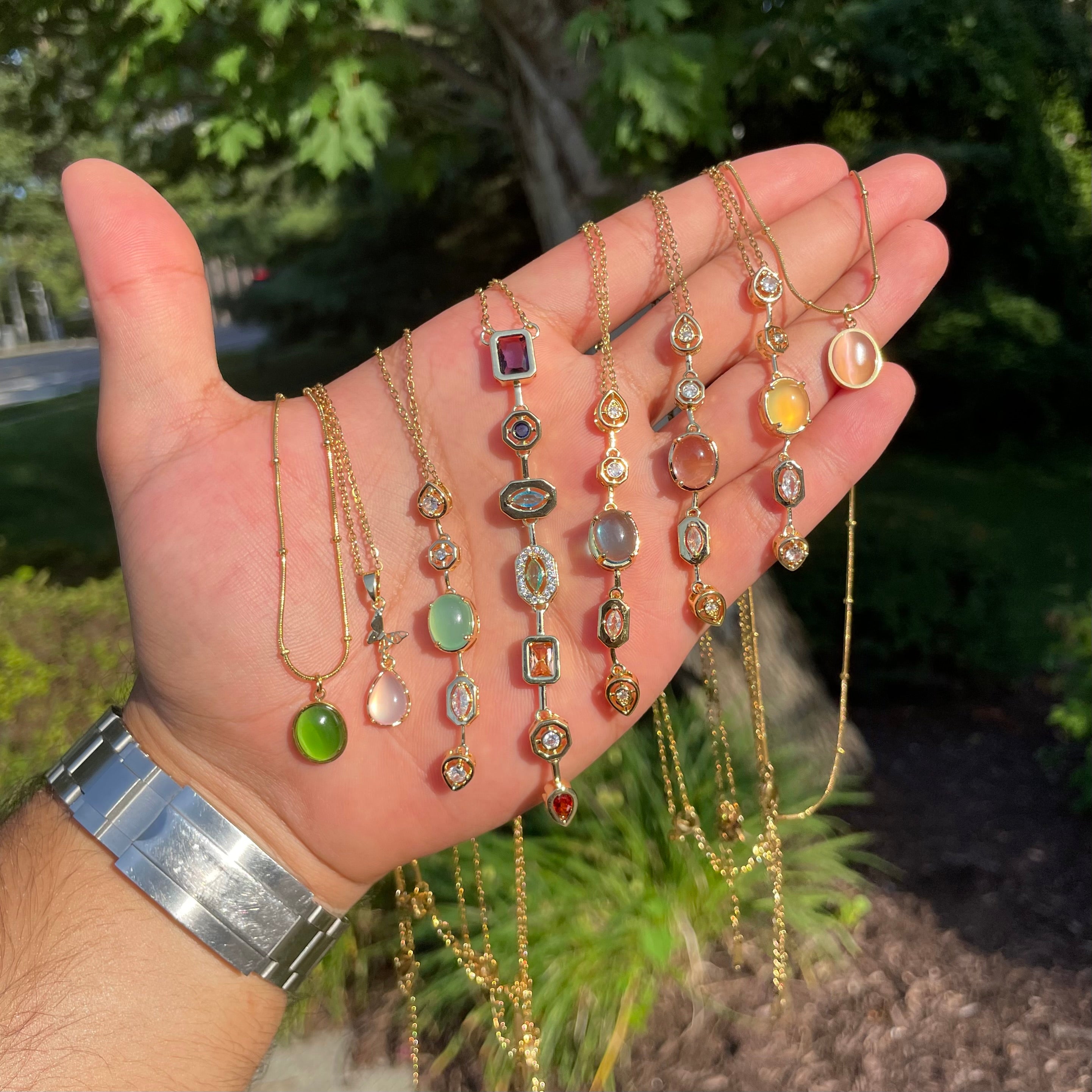 Gold Plated Multi-Gemstone Drop Necklace – Colorful Vertical Pendant with Crystal Accents