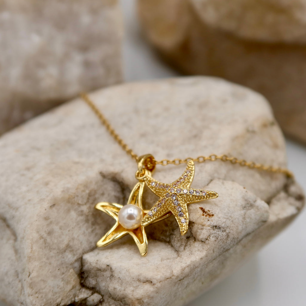 18K Gold Plated Starfish Locket Necklace – Dual Star Charm with Pearl & Crystals