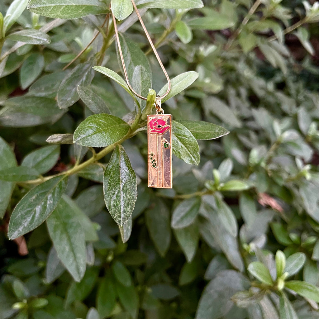 18K Gold Plated Rose Pendant Necklace | Rectangle Floral Necklace on Snake Chain