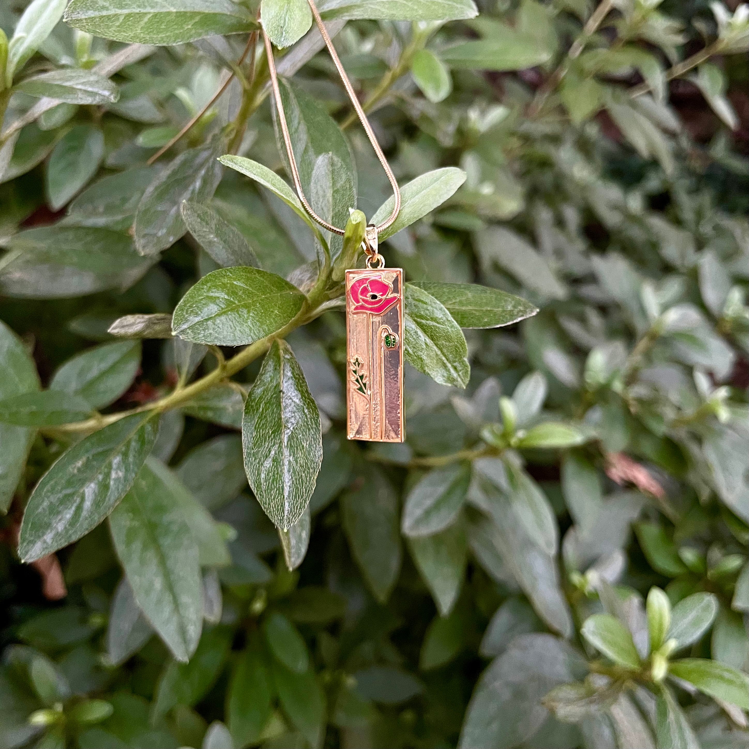 18K Gold Plated Rose Pendant Necklace | Rectangle Floral Necklace on Snake Chain