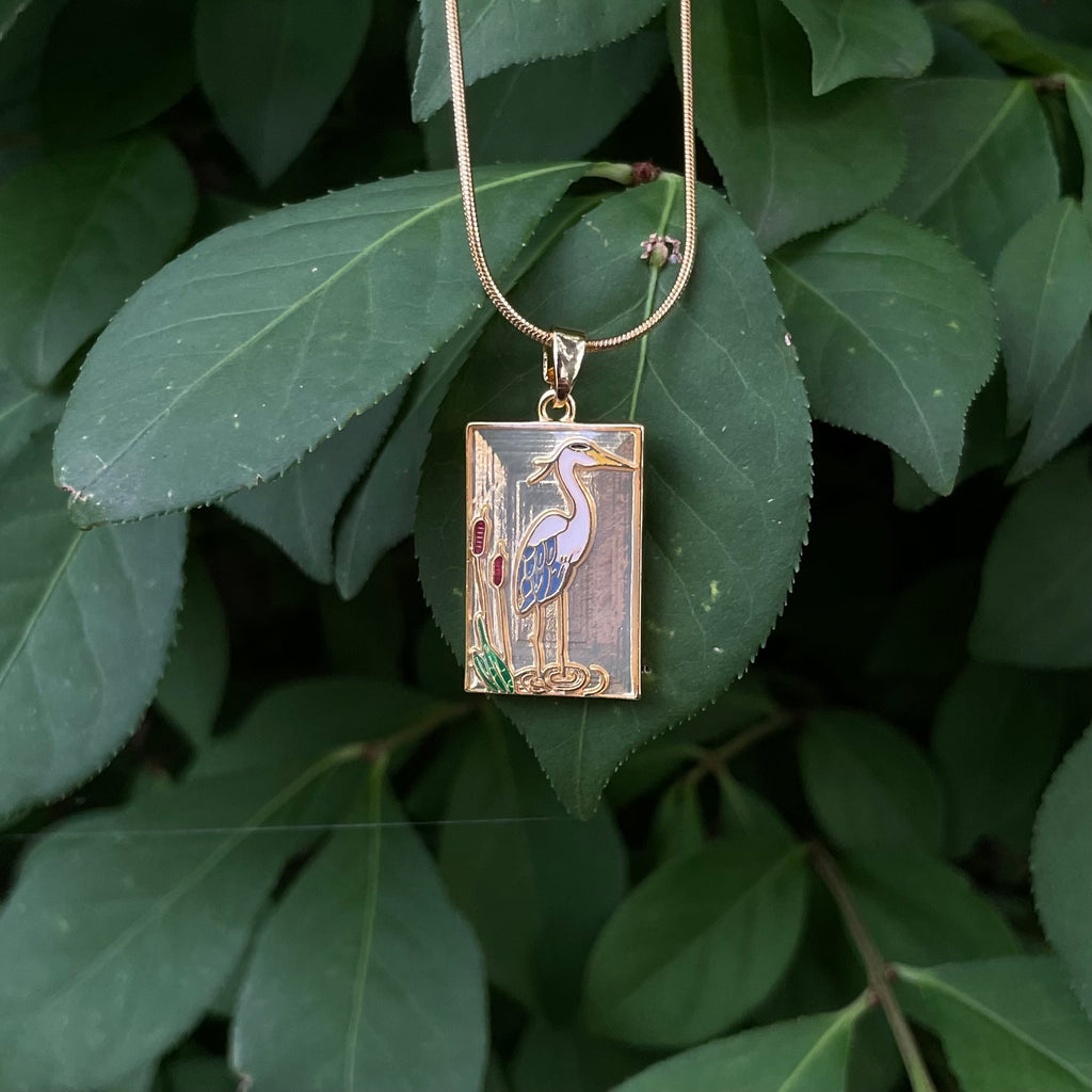 18K Gold Plated Heron Pendant Necklace | Art Deco Bird Necklace on Snake Chain