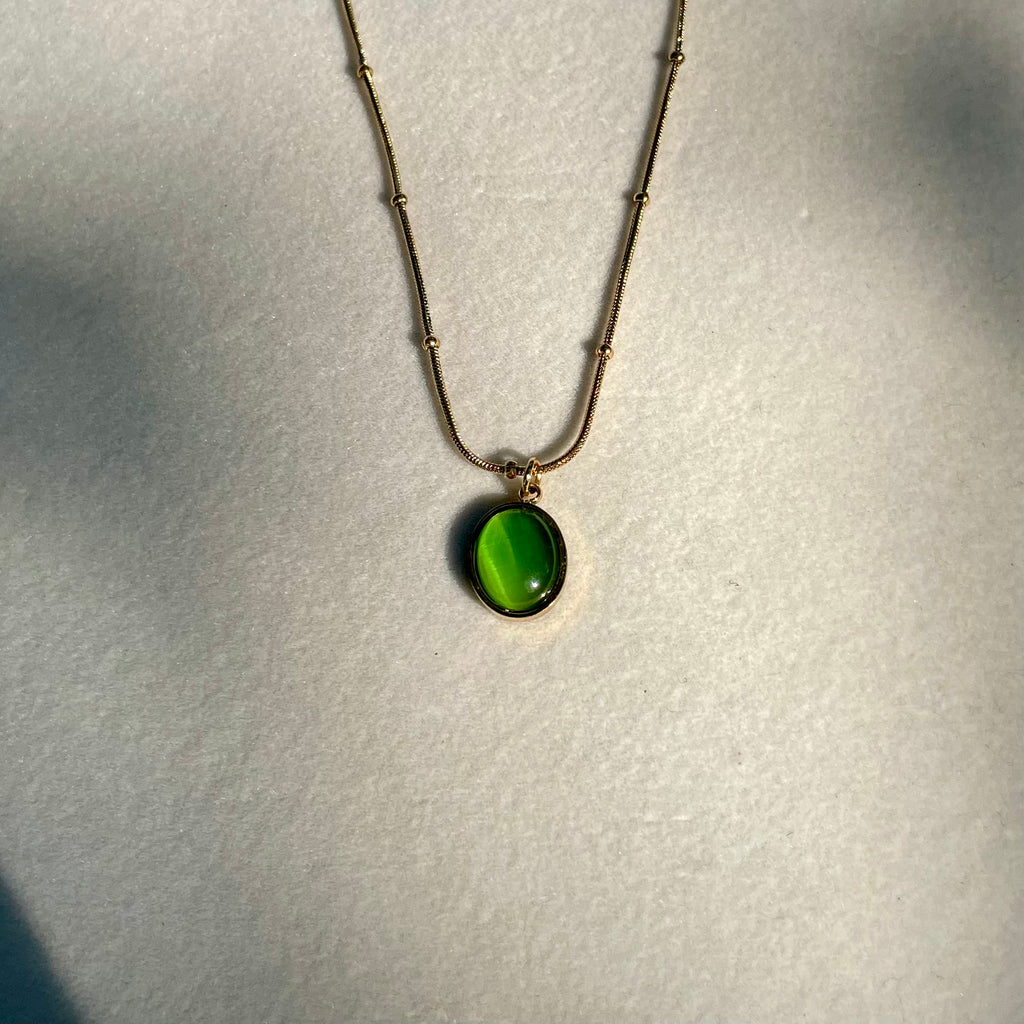 18K Gold Plated Oval Cat’s Eye Stone Necklaces – Beaded Snake Chain in Green, Blush & Cream