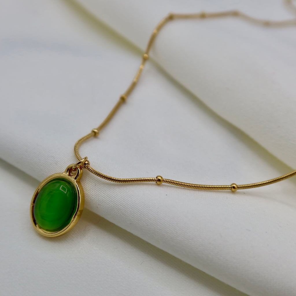 18K Gold Plated Oval Cat’s Eye Stone Necklaces – Beaded Snake Chain in Green, Blush & Cream