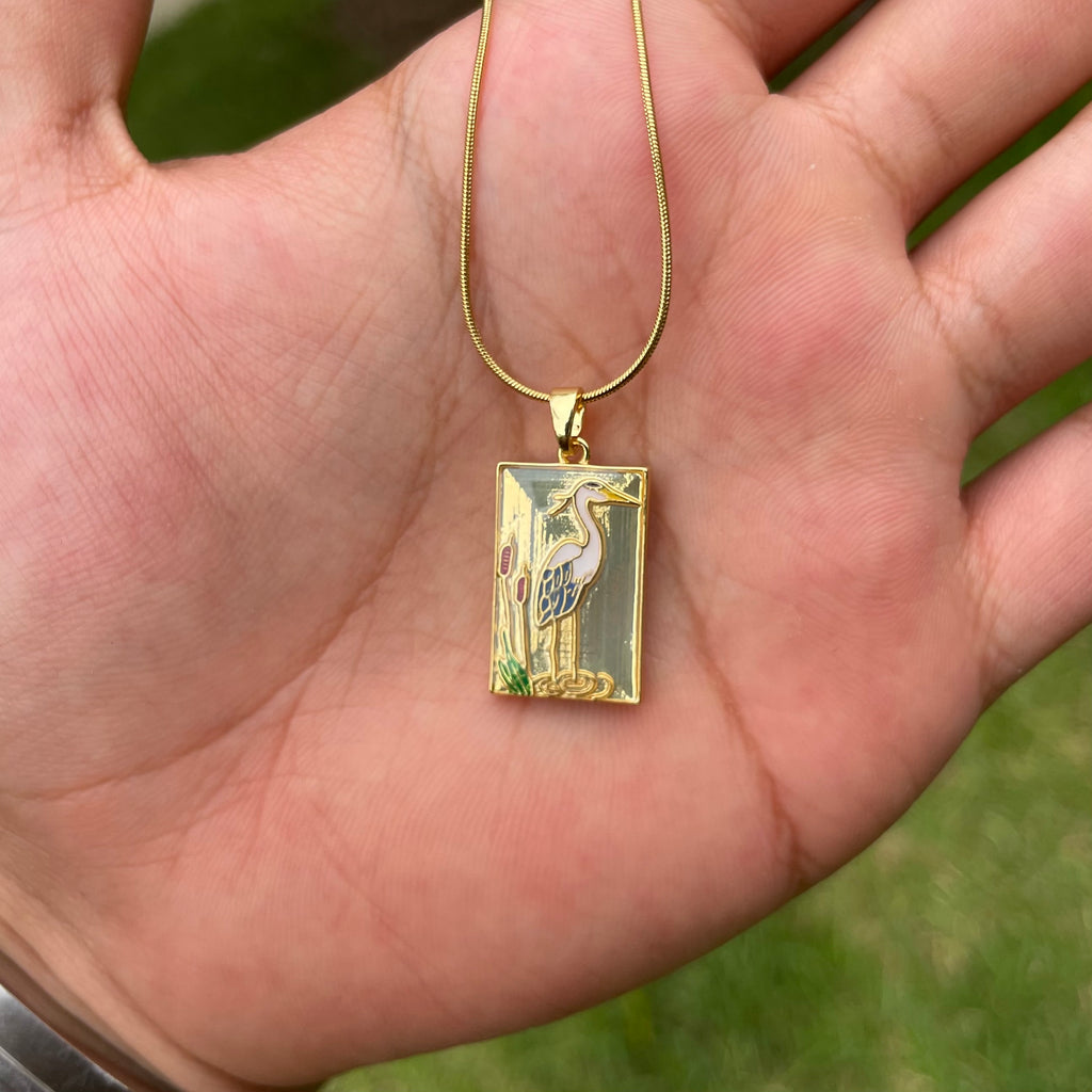 18K Gold Plated Heron Pendant Necklace | Art Deco Bird Necklace on Snake Chain