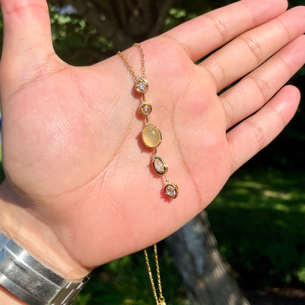 18K Gold Plated Pastel Gemstone Drop Necklaces – Oval Bezel Set Vertical Pendant Collection