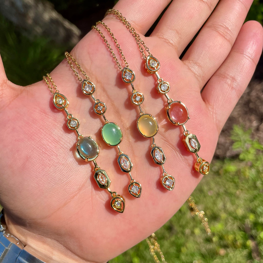 18K Gold Plated Pastel Gemstone Drop Necklaces – Oval Bezel Set Vertical Pendant Collection