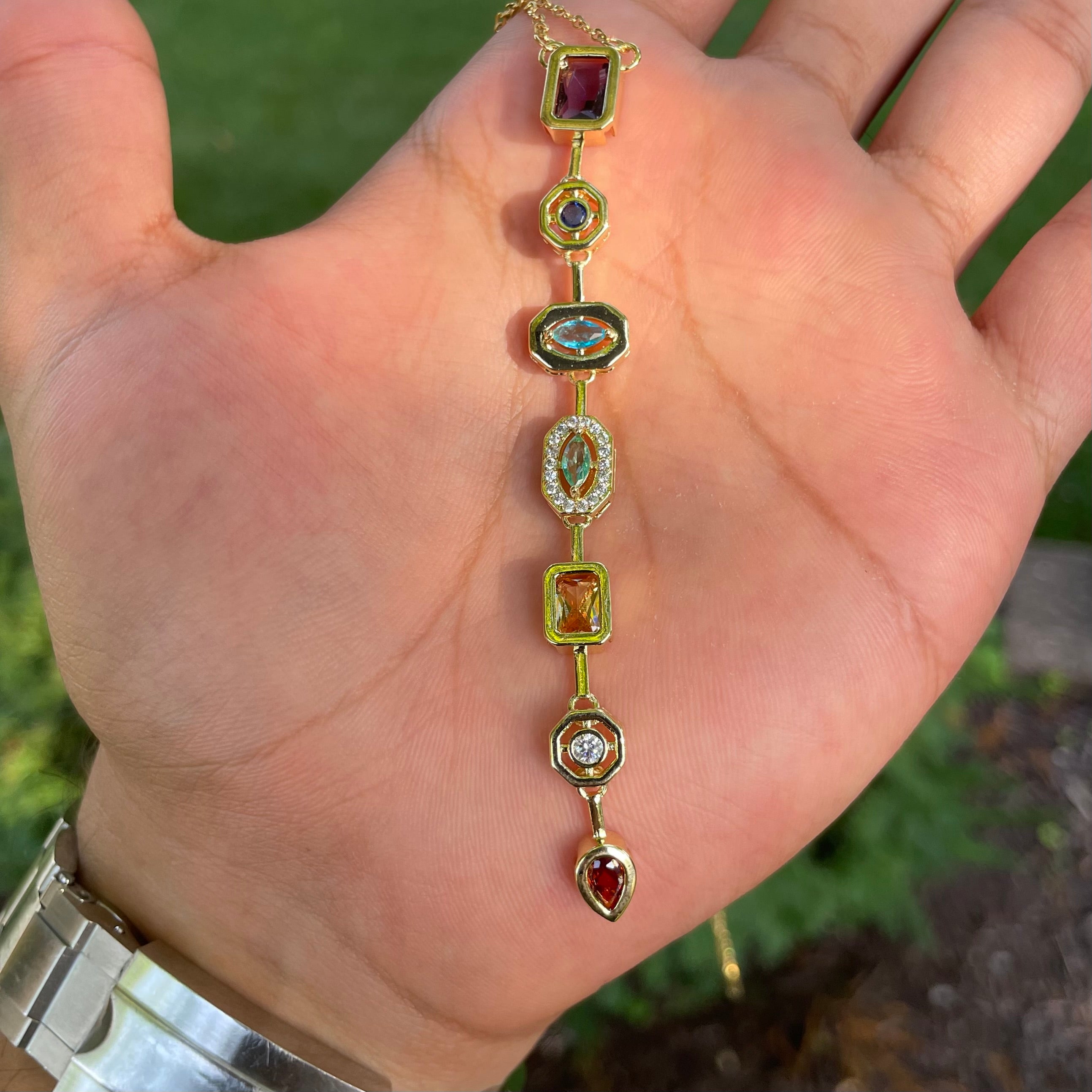 Gold Plated Multi-Gemstone Drop Necklace – Colorful Vertical Pendant with Crystal Accents