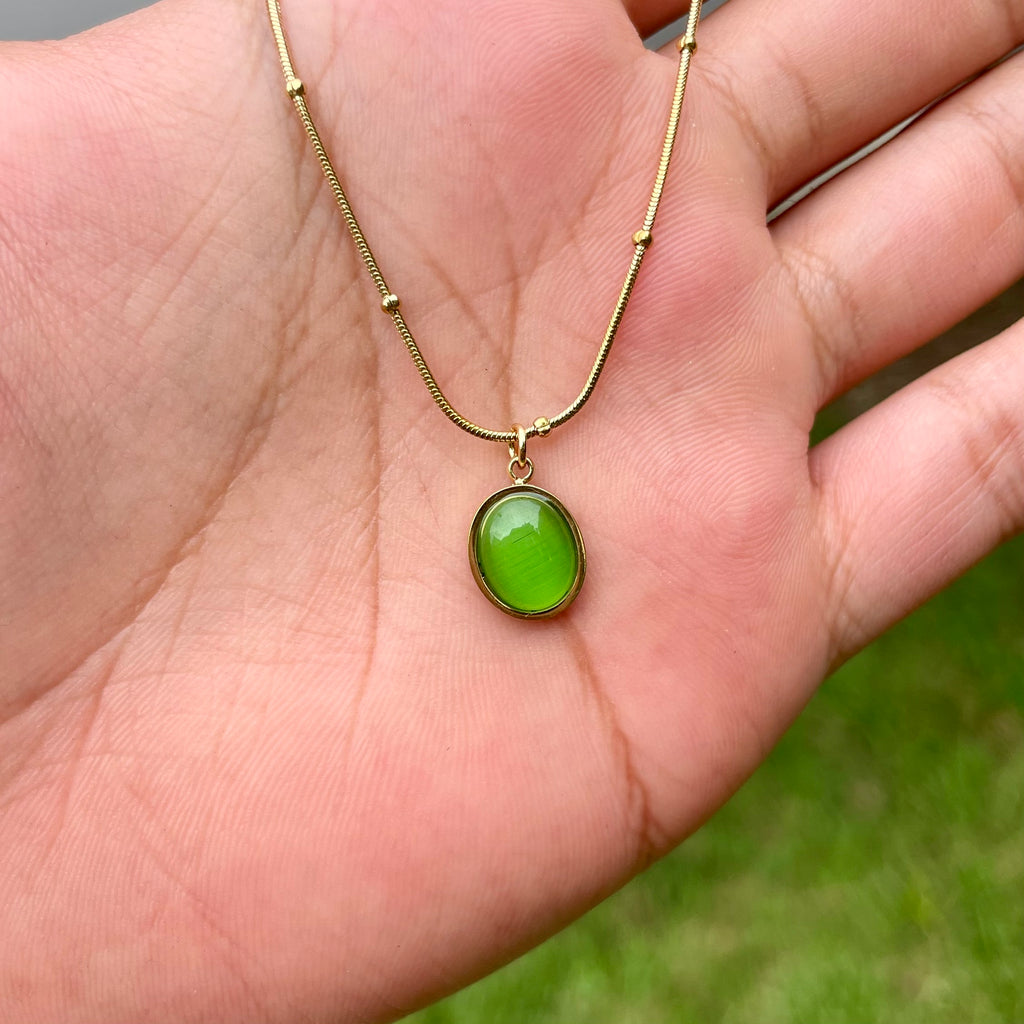 18K Gold Plated Oval Cat’s Eye Stone Necklaces – Beaded Snake Chain in Green, Blush & Cream