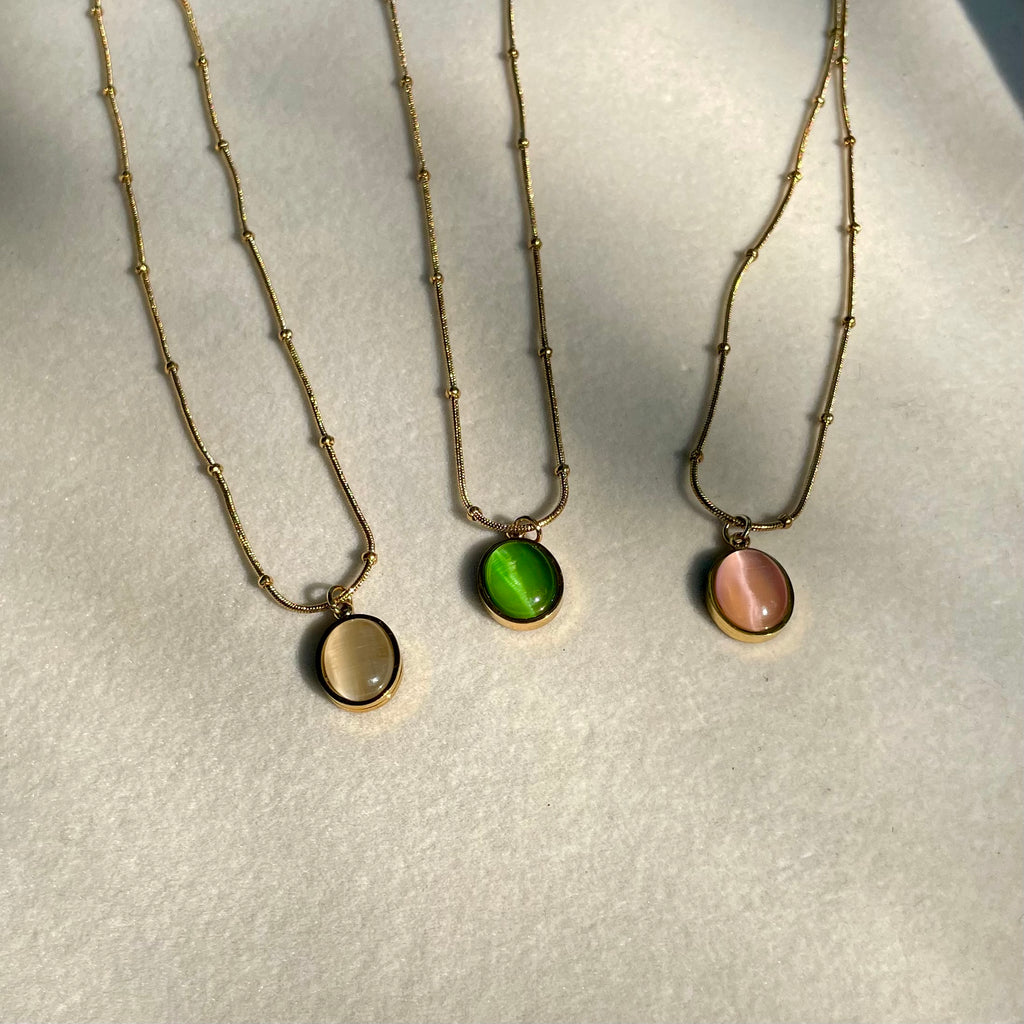 18K Gold Plated Oval Cat’s Eye Stone Necklaces – Beaded Snake Chain in Green, Blush & Cream