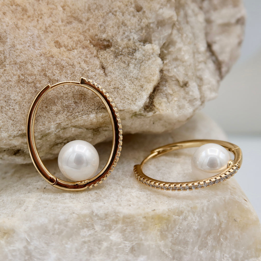 Rose Gold Pearl Hoop Earrings | Pavé Crystal Open Circle Design