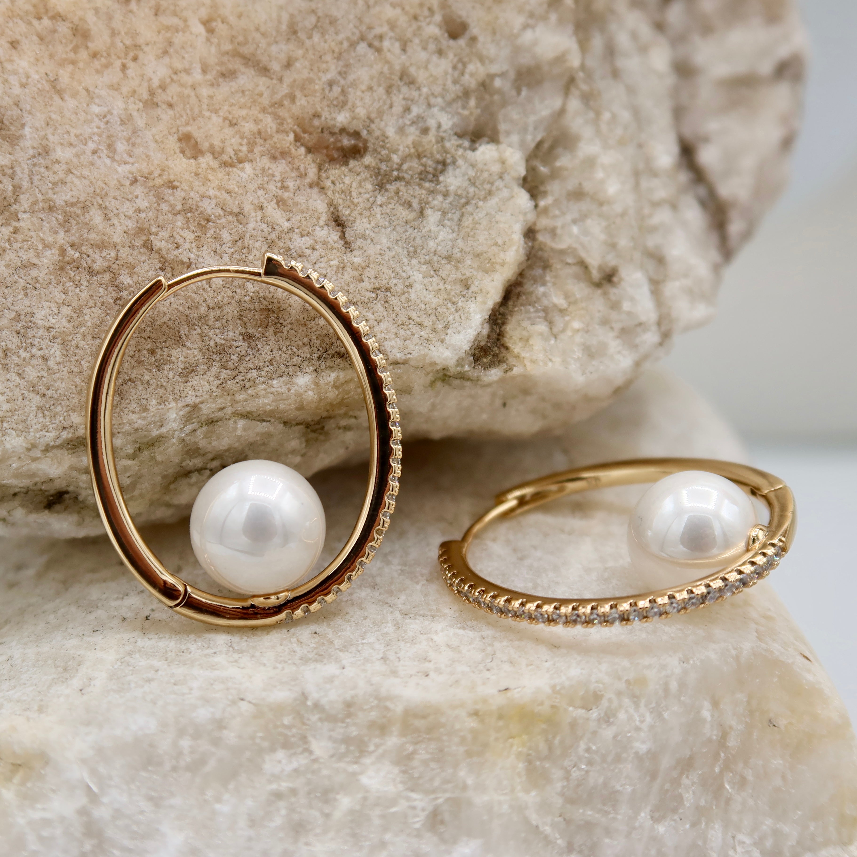 Rose Gold Pearl Hoop Earrings | Pavé Crystal Open Circle Design